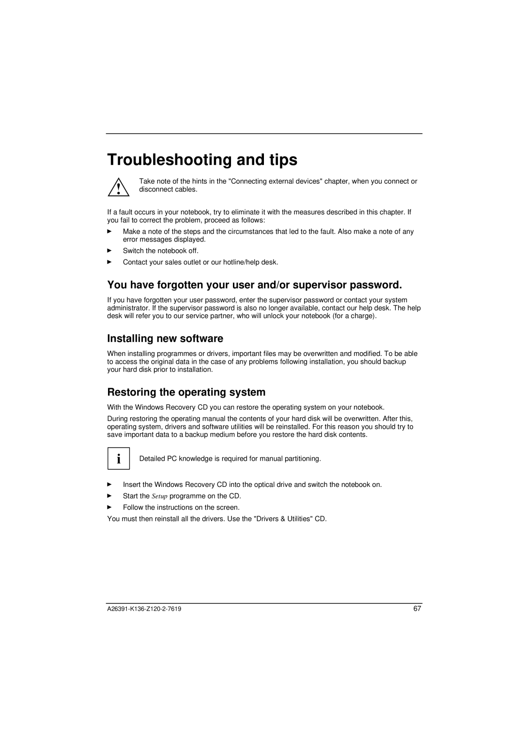 Fujitsu Siemens Computers C Series manual Troubleshooting and tips, You have forgotten your user and/or supervisor password 