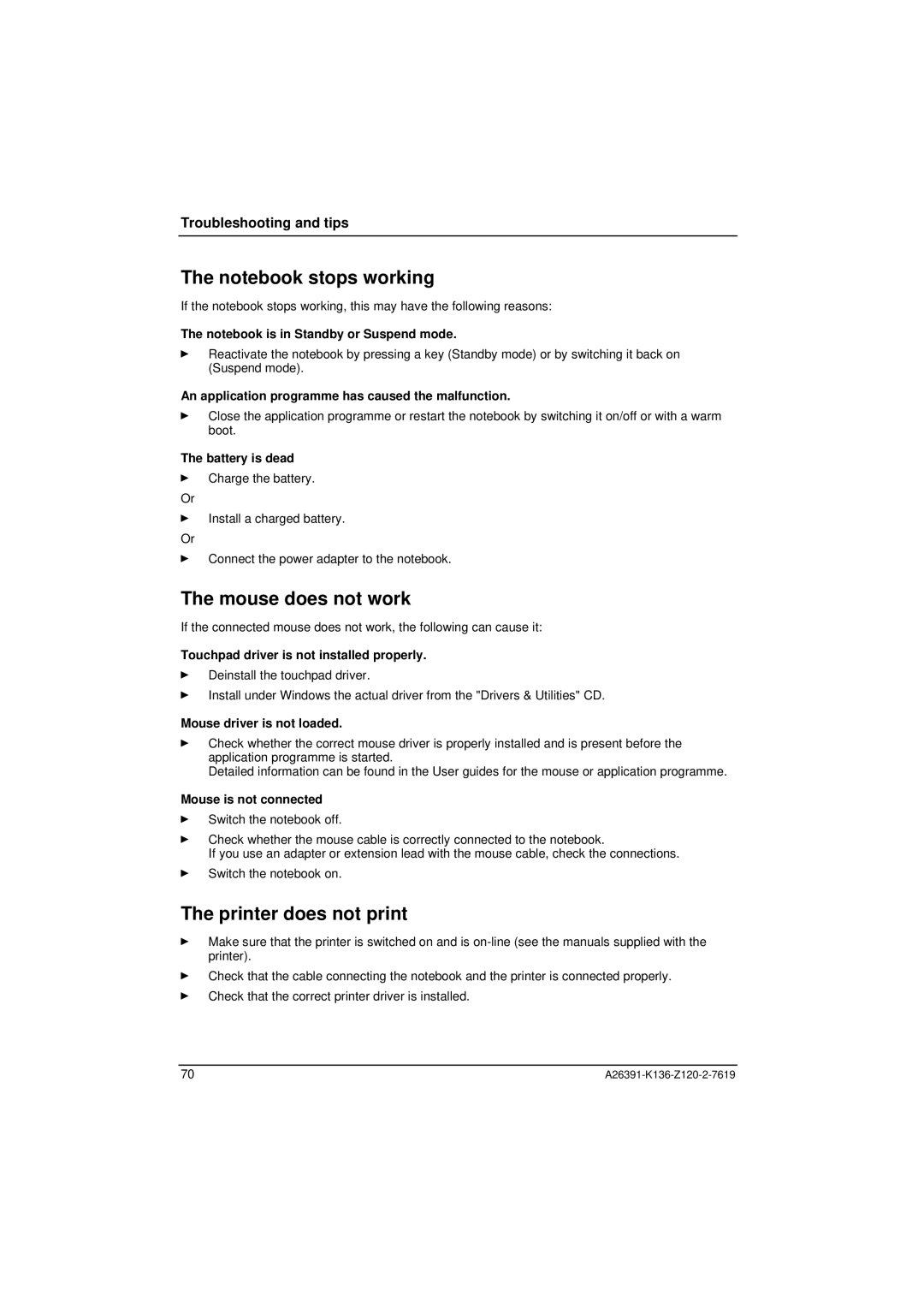 Fujitsu Siemens Computers C Series manual Mouse does not work, Printer does not print 