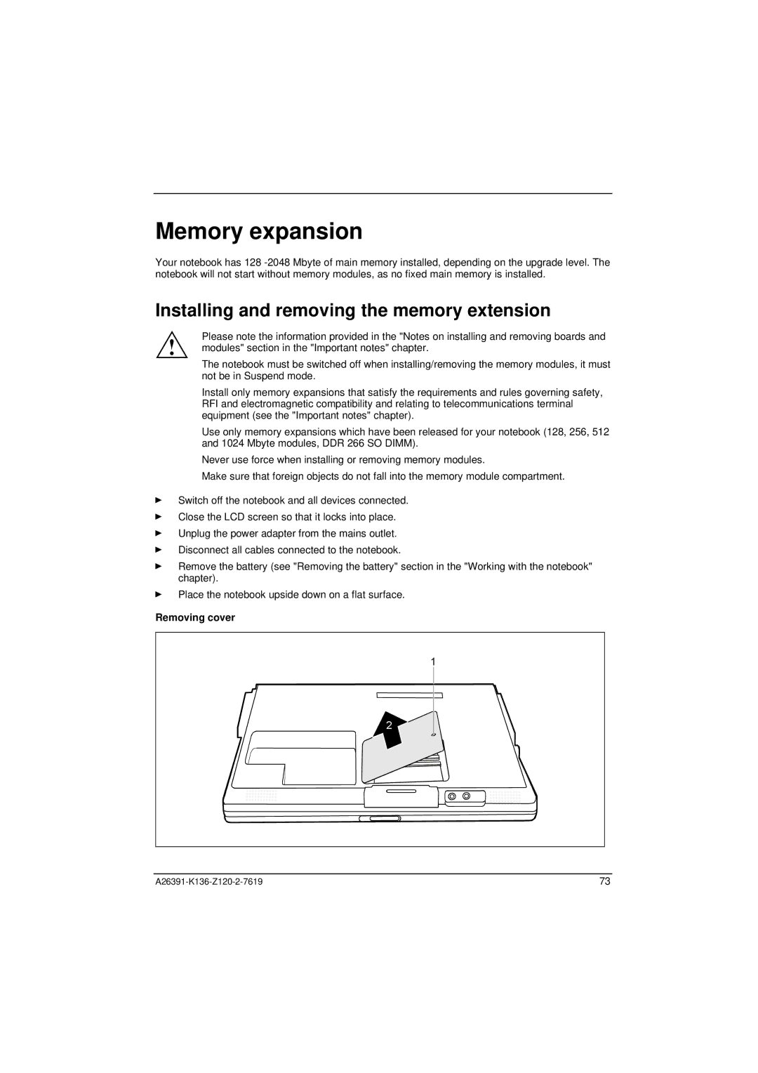 Fujitsu Siemens Computers C Series manual Memory expansion, Installing and removing the memory extension, Removing cover 