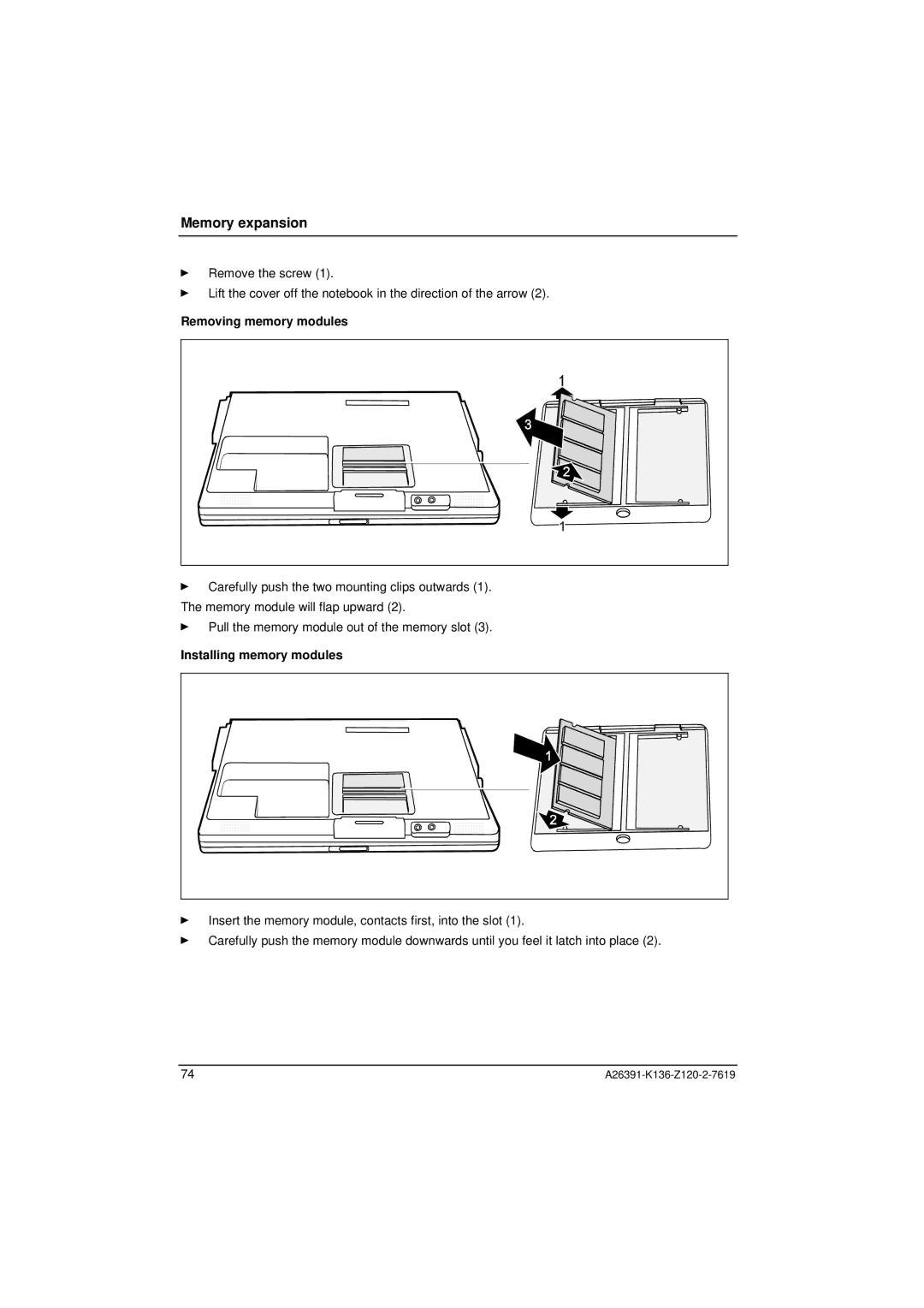 Fujitsu Siemens Computers C Series manual Removing memory modules, Installing memory modules 