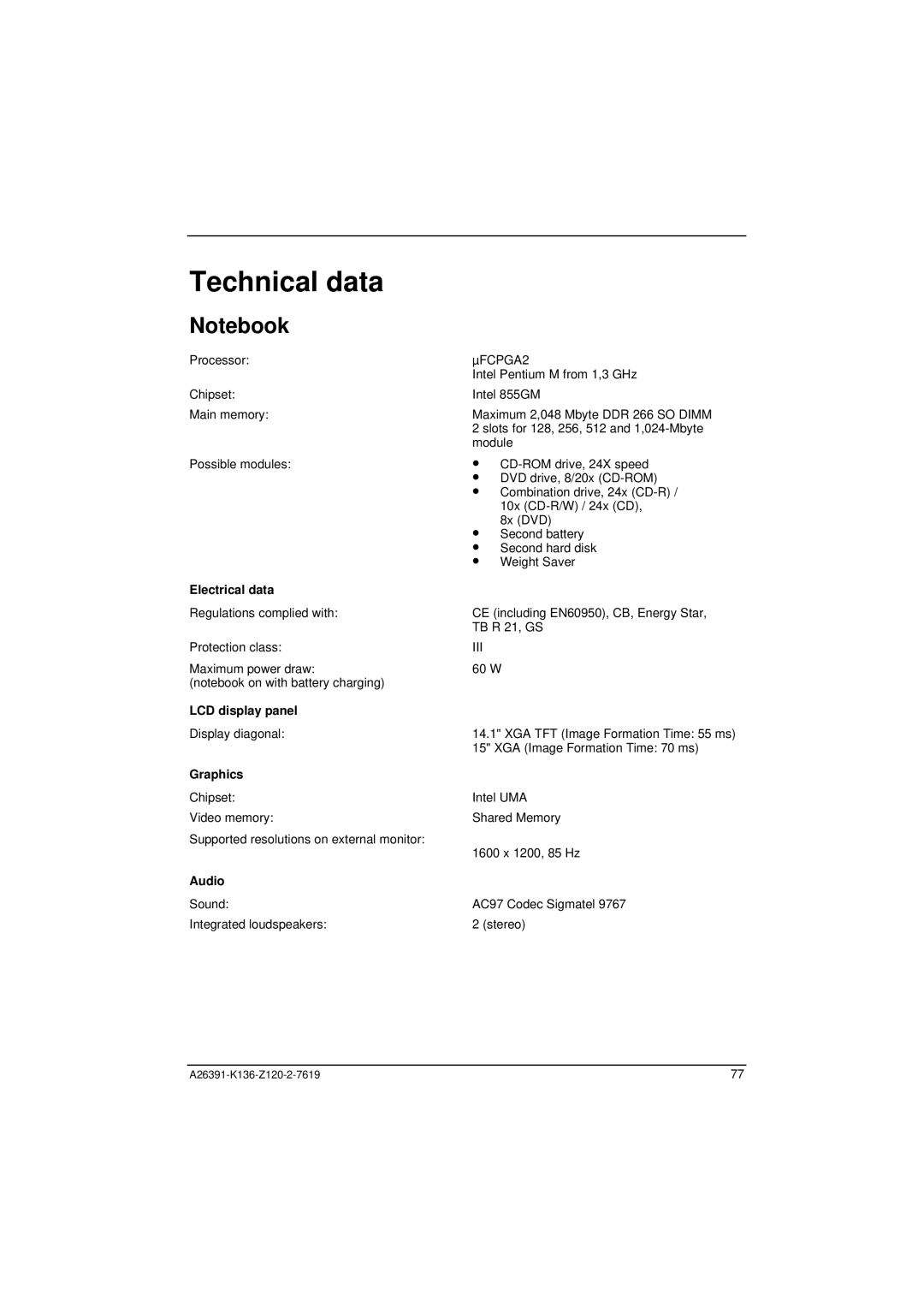 Fujitsu Siemens Computers C Series manual Technical data, Electrical data, LCD display panel, Graphics, Audio 