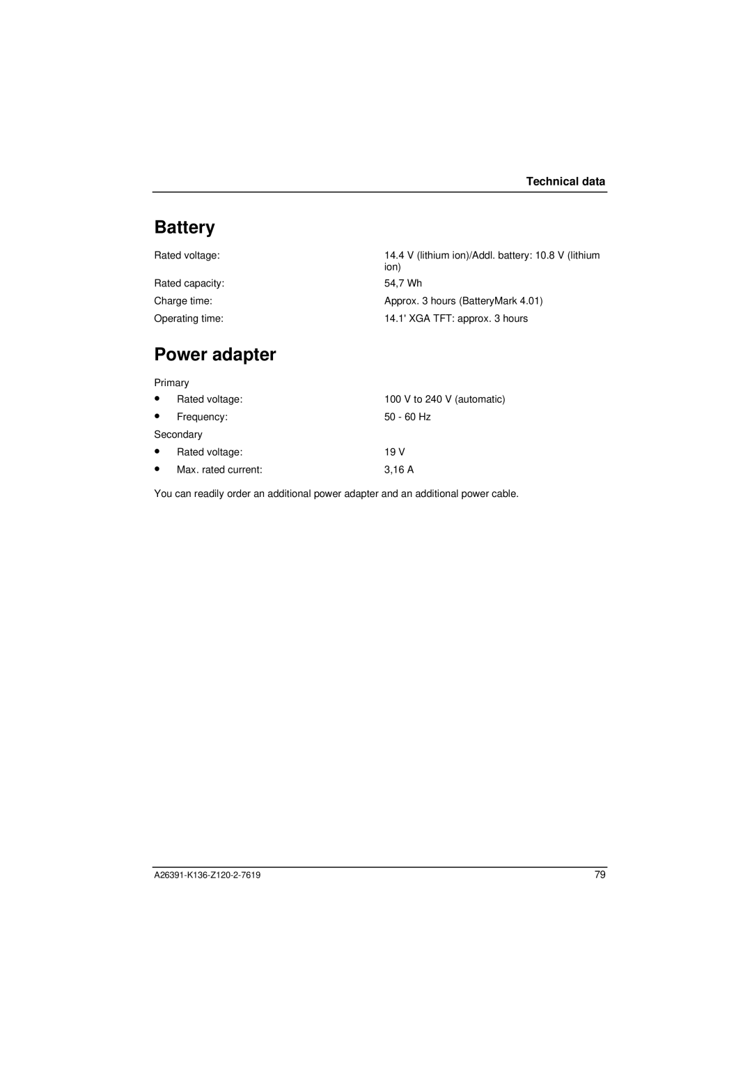 Fujitsu Siemens Computers C Series manual Battery, Power adapter 