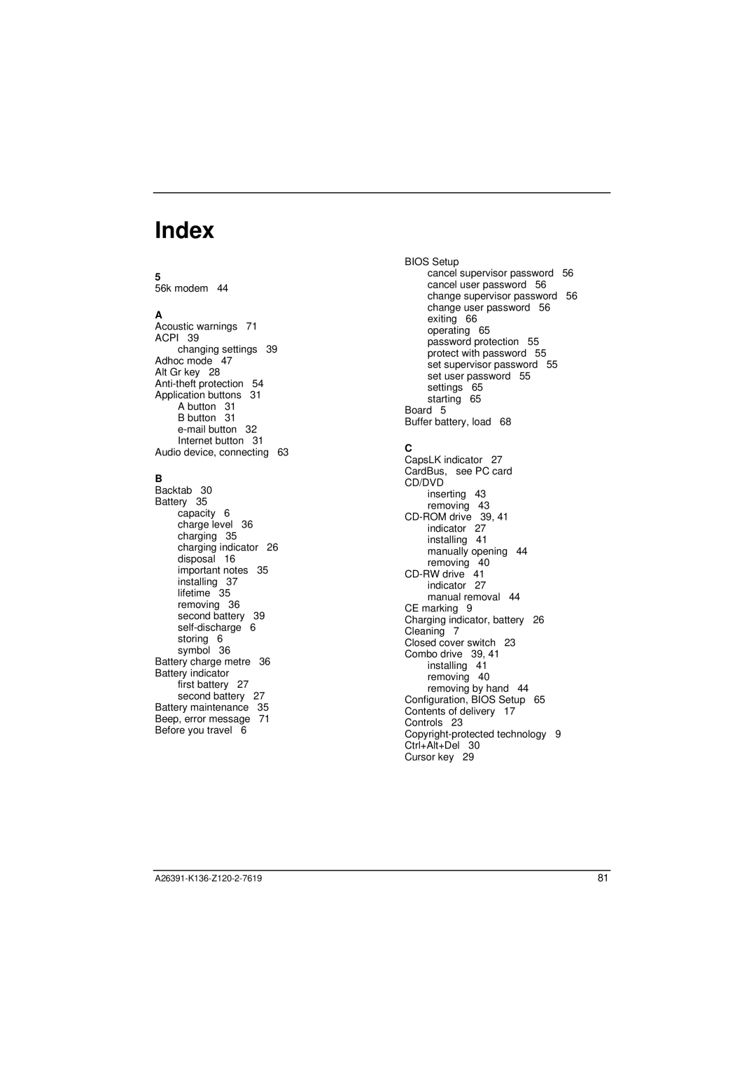 Fujitsu Siemens Computers C Series manual Index 