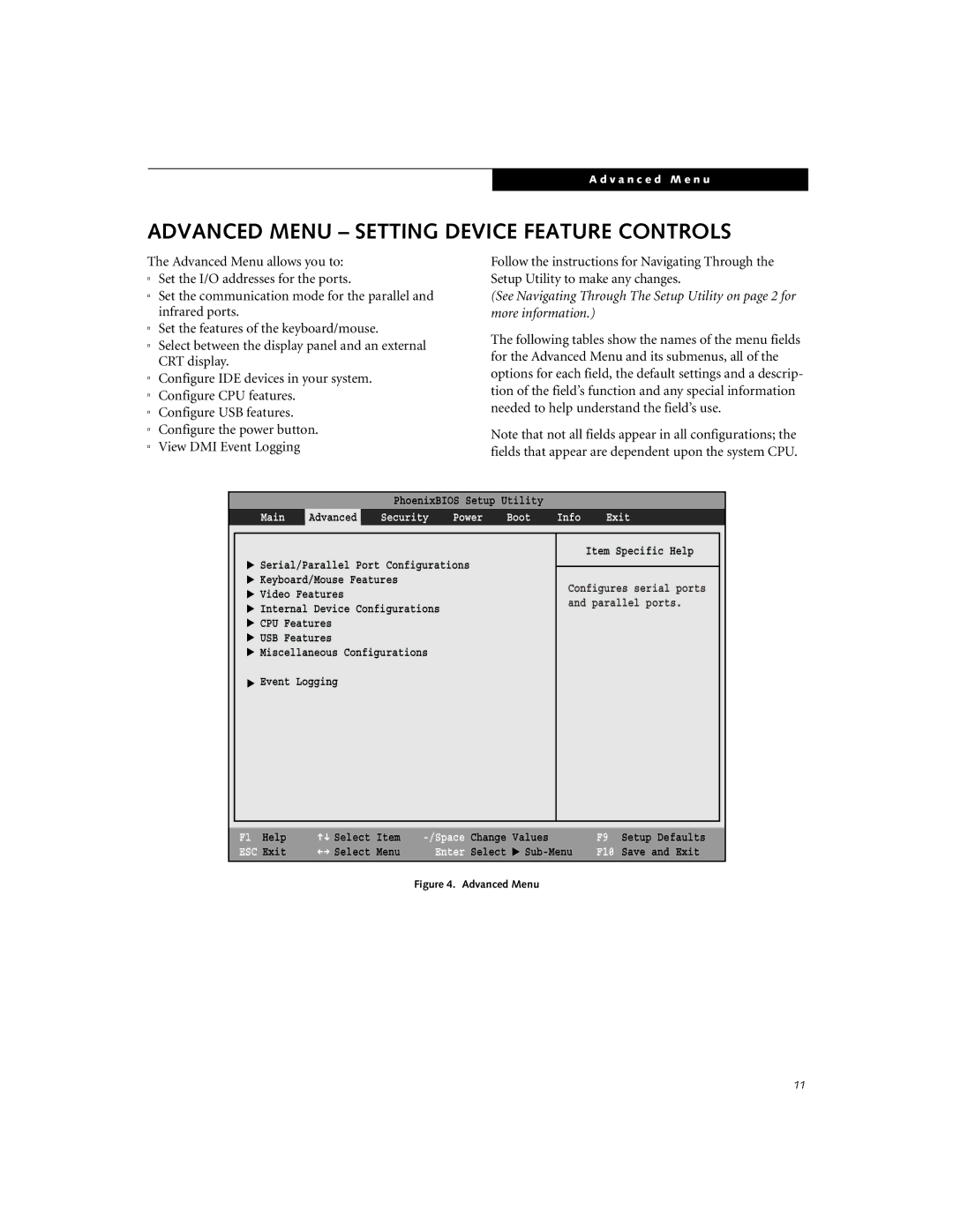 Fujitsu Siemens Computers C2110 Advanced Menu Setting Device Feature Controls, Main Advanced Security Power Boot Info Exit 