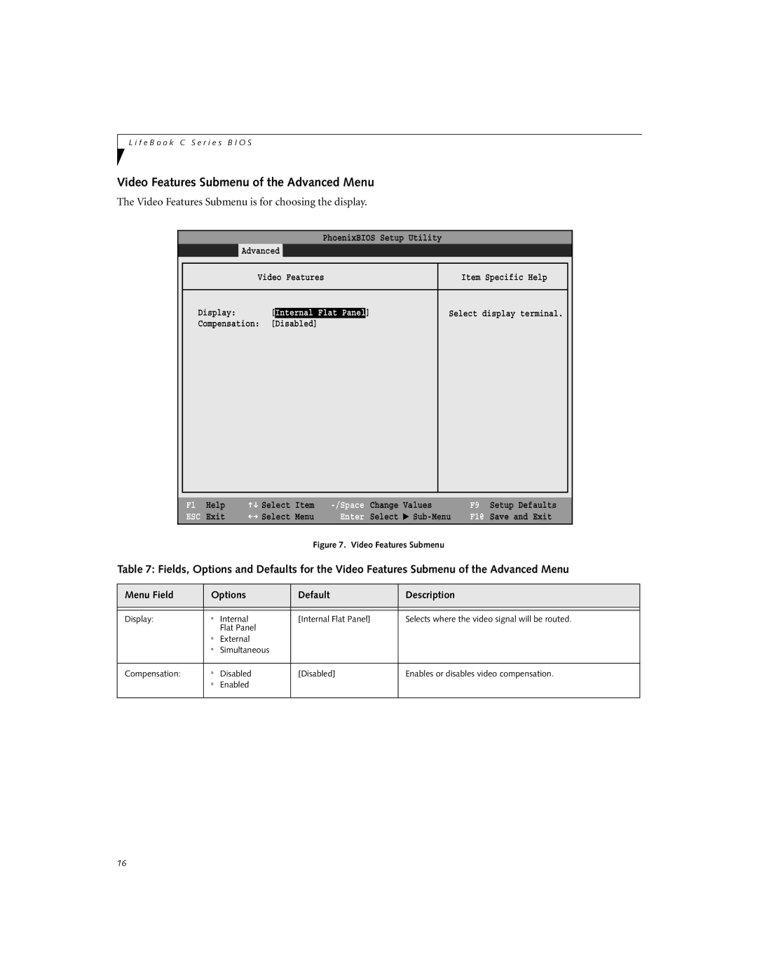 Fujitsu Siemens Computers C2110 manual Video Features Submenu of the Advanced Menu 