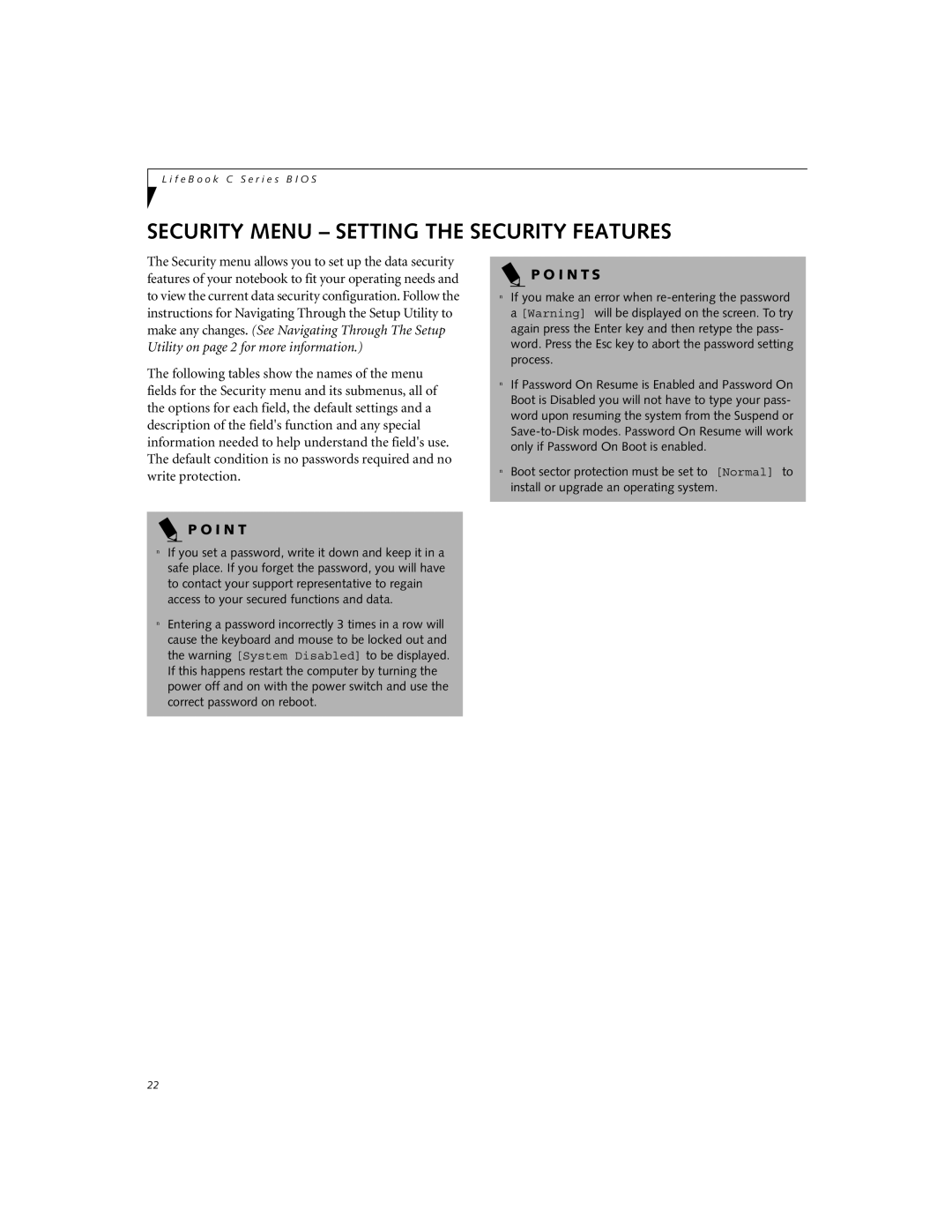 Fujitsu Siemens Computers C2110 manual Security Menu Setting the Security Features 