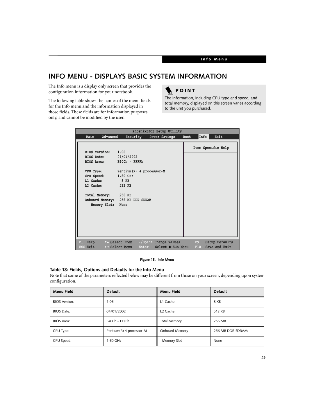 Fujitsu Siemens Computers C2110 manual Info Menu Displays Basic System Information, Main, Security 