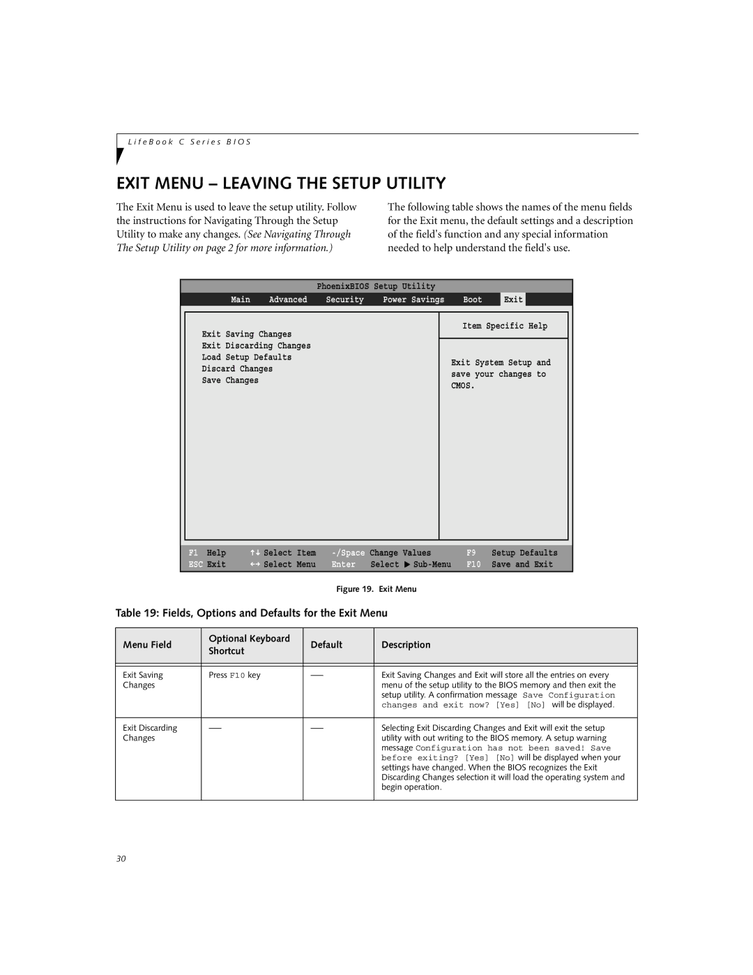 Fujitsu Siemens Computers C2110 manual Exit Menu Leaving the Setup Utility, Fields, Options and Defaults for the Exit Menu 