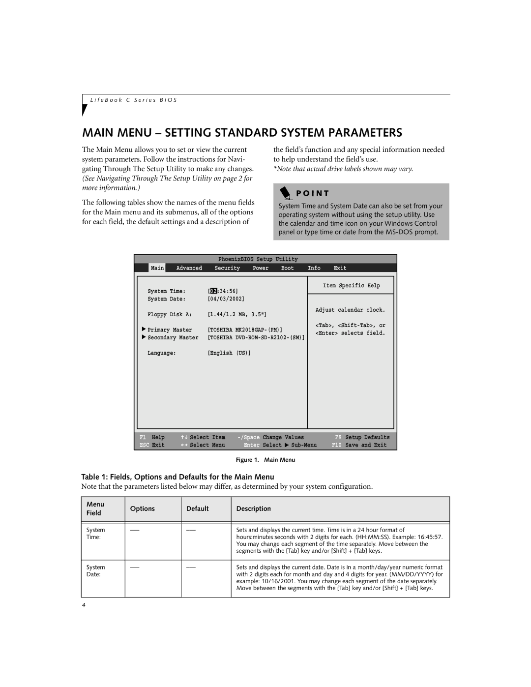 Fujitsu Siemens Computers C2110 manual Main Menu Setting Standard System Parameters 