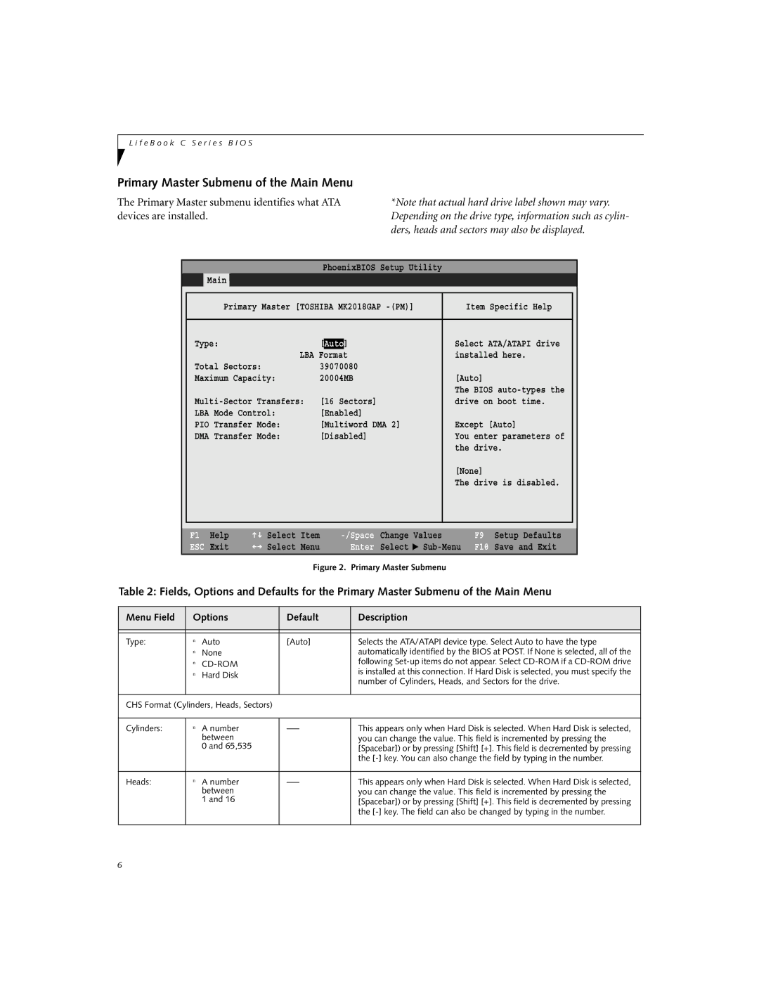 Fujitsu Siemens Computers C2110 manual Primary Master Submenu of the Main Menu, Auto, Enter 