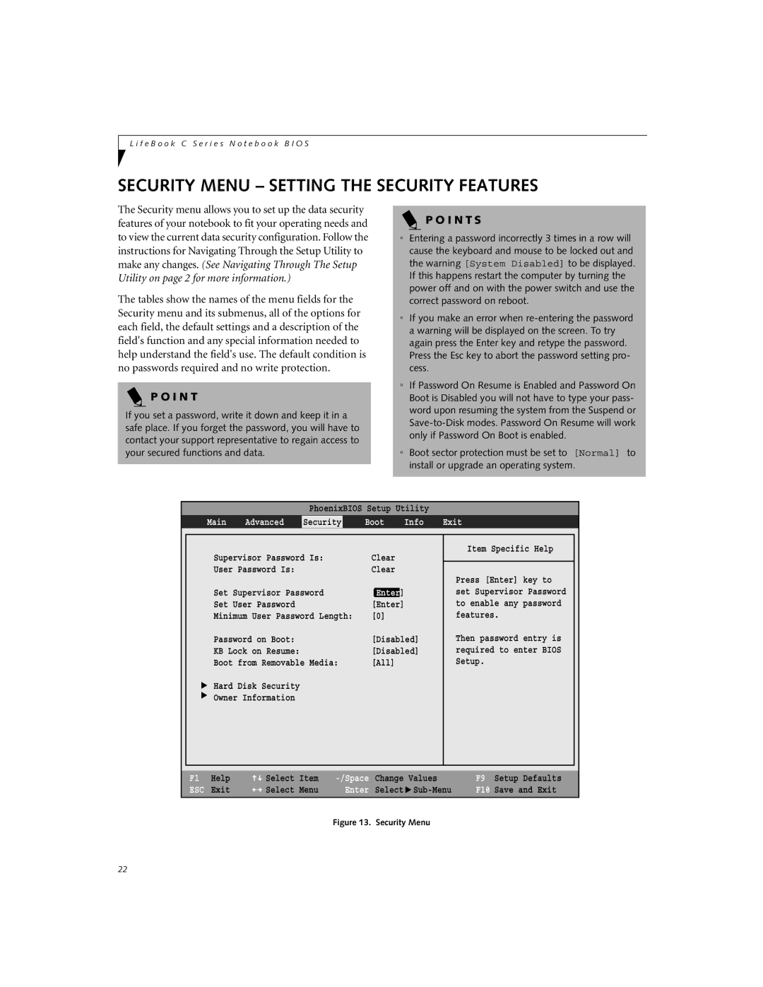 Fujitsu Siemens Computers C2111, C2010 manual Security Menu Setting the Security Features, Main Advanced, Boot Info Exit 