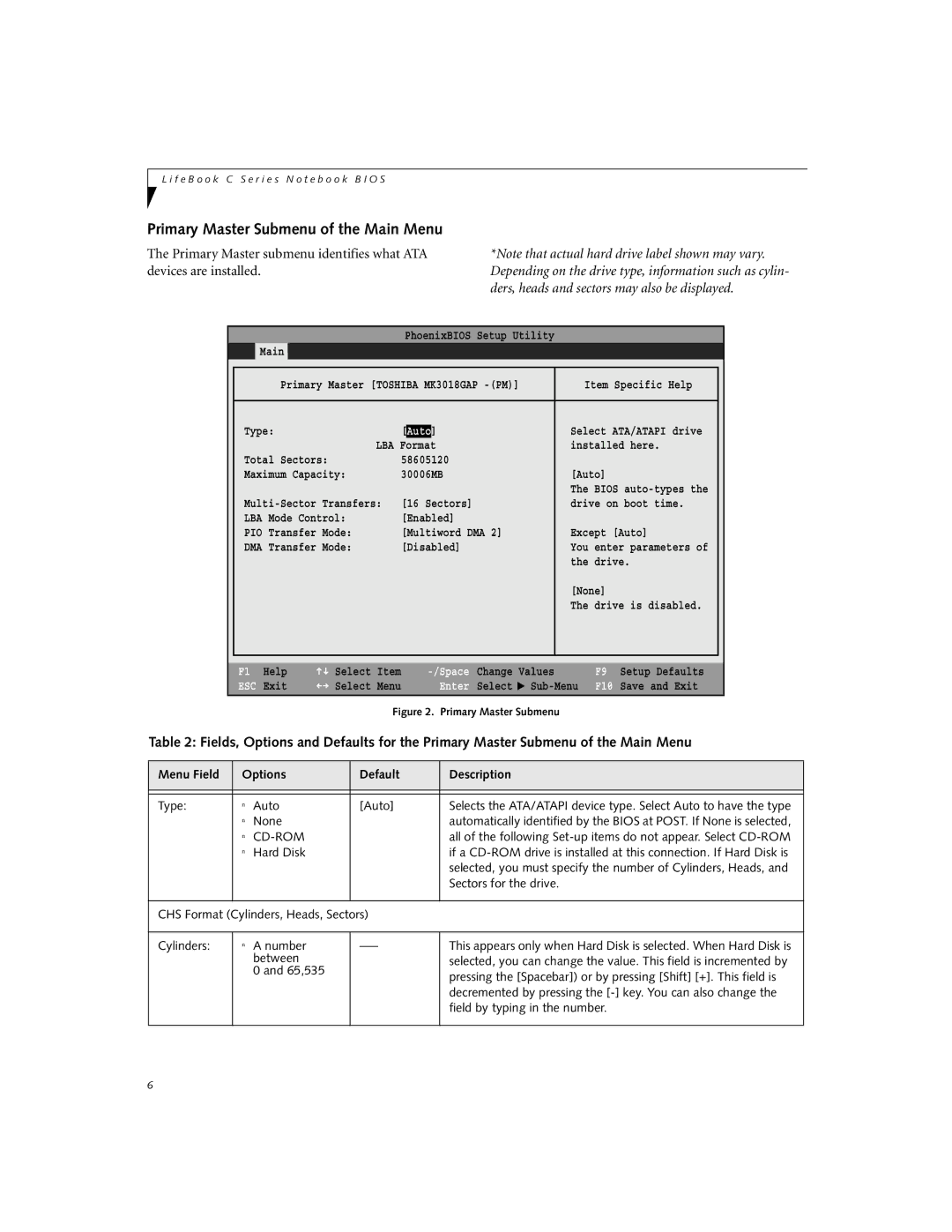 Fujitsu Siemens Computers C2111, C2010 manual Primary Master Submenu of the Main Menu, Auto, Enter 