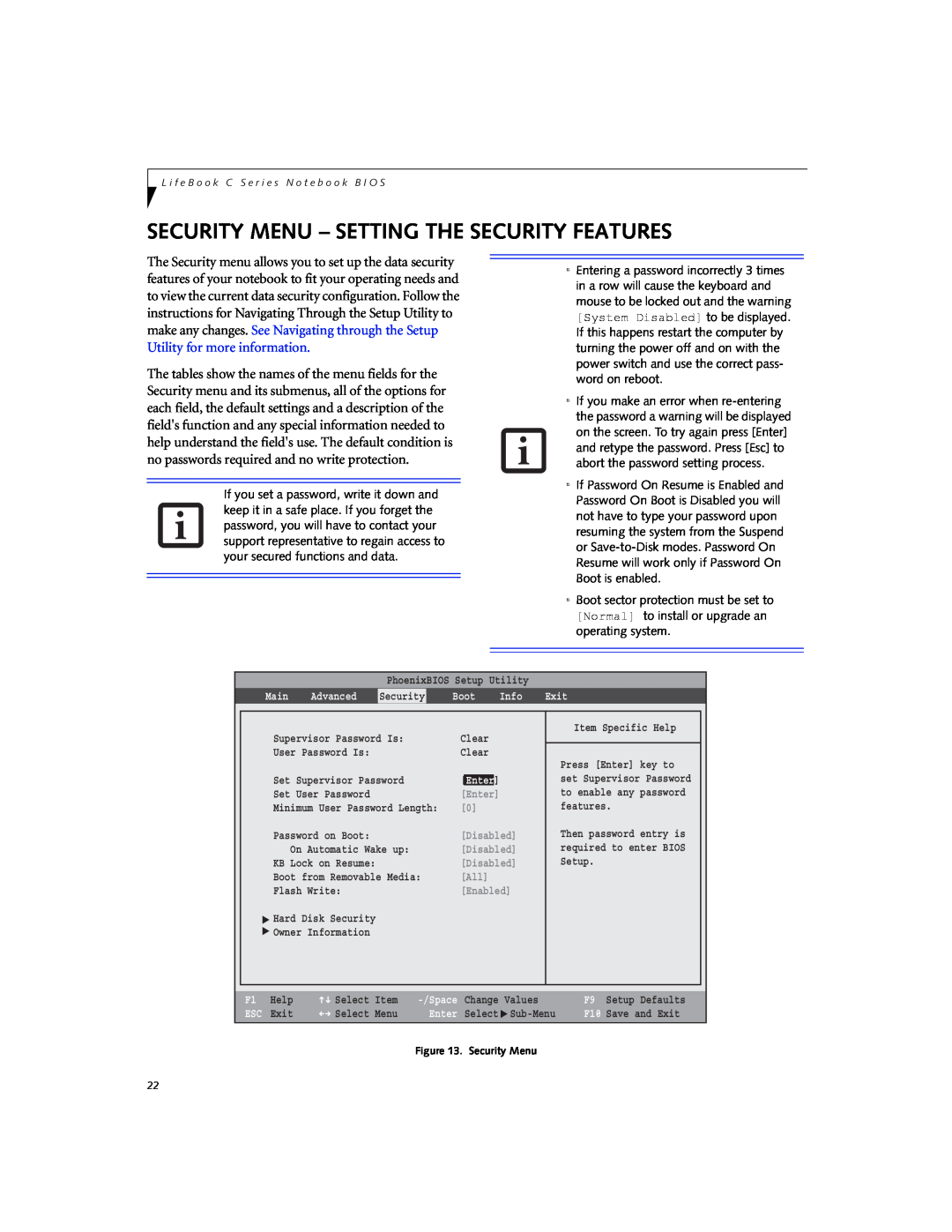 Fujitsu Siemens Computers C2310 Security Menu - Setting The Security Features, Advanced, Boot, Info, Exit, Enter, Disabled 