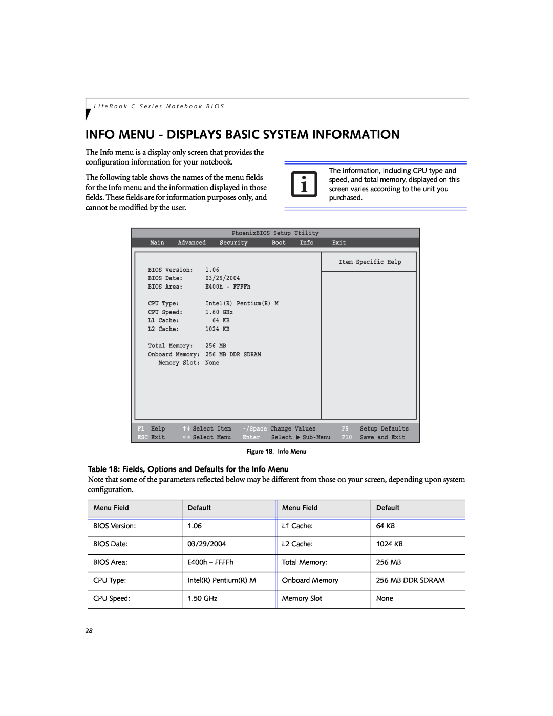 Fujitsu Siemens Computers C2310 manual Info Menu - Displays Basic System Information 