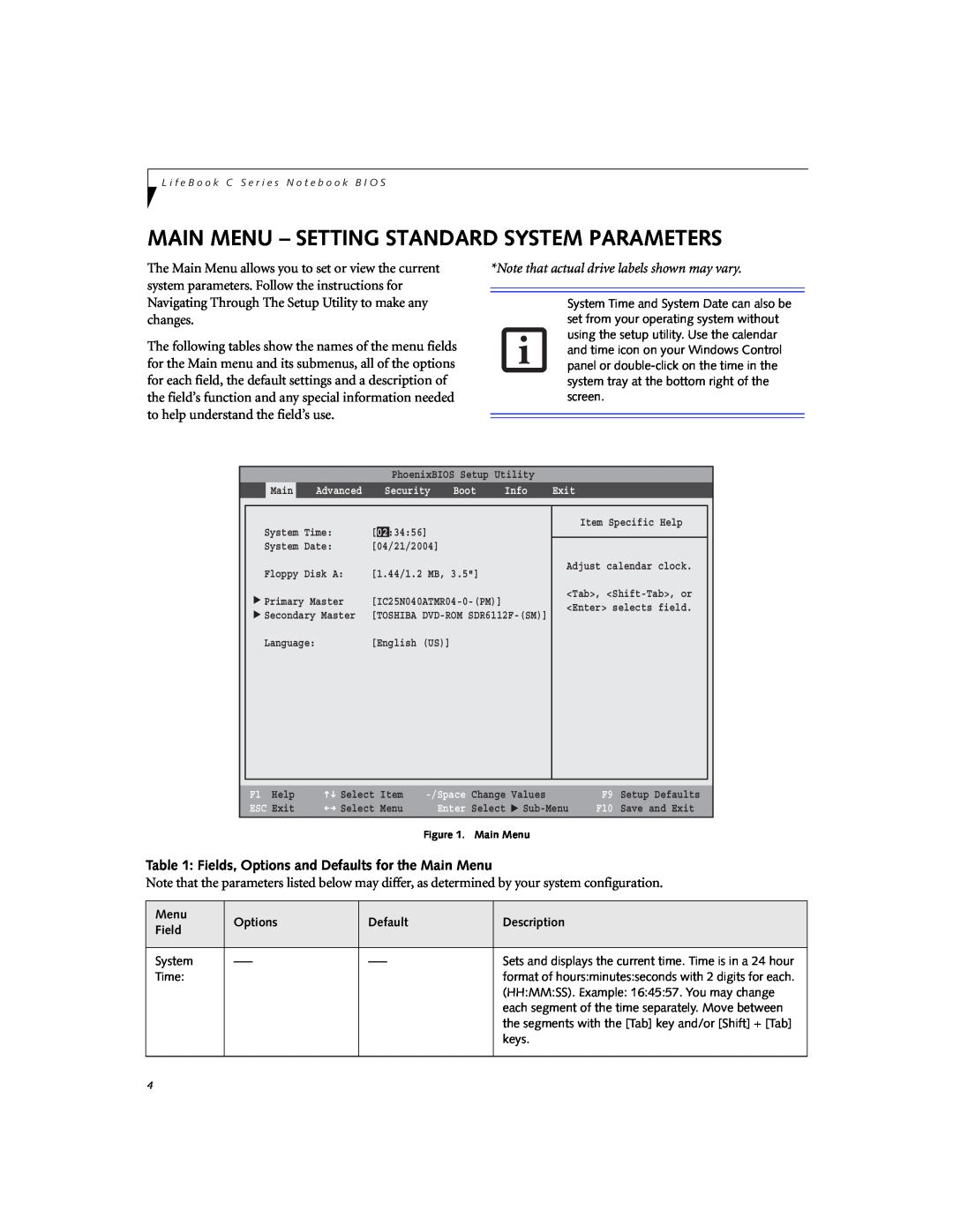 Fujitsu Siemens Computers C2310 manual Main Menu - Setting Standard System Parameters 