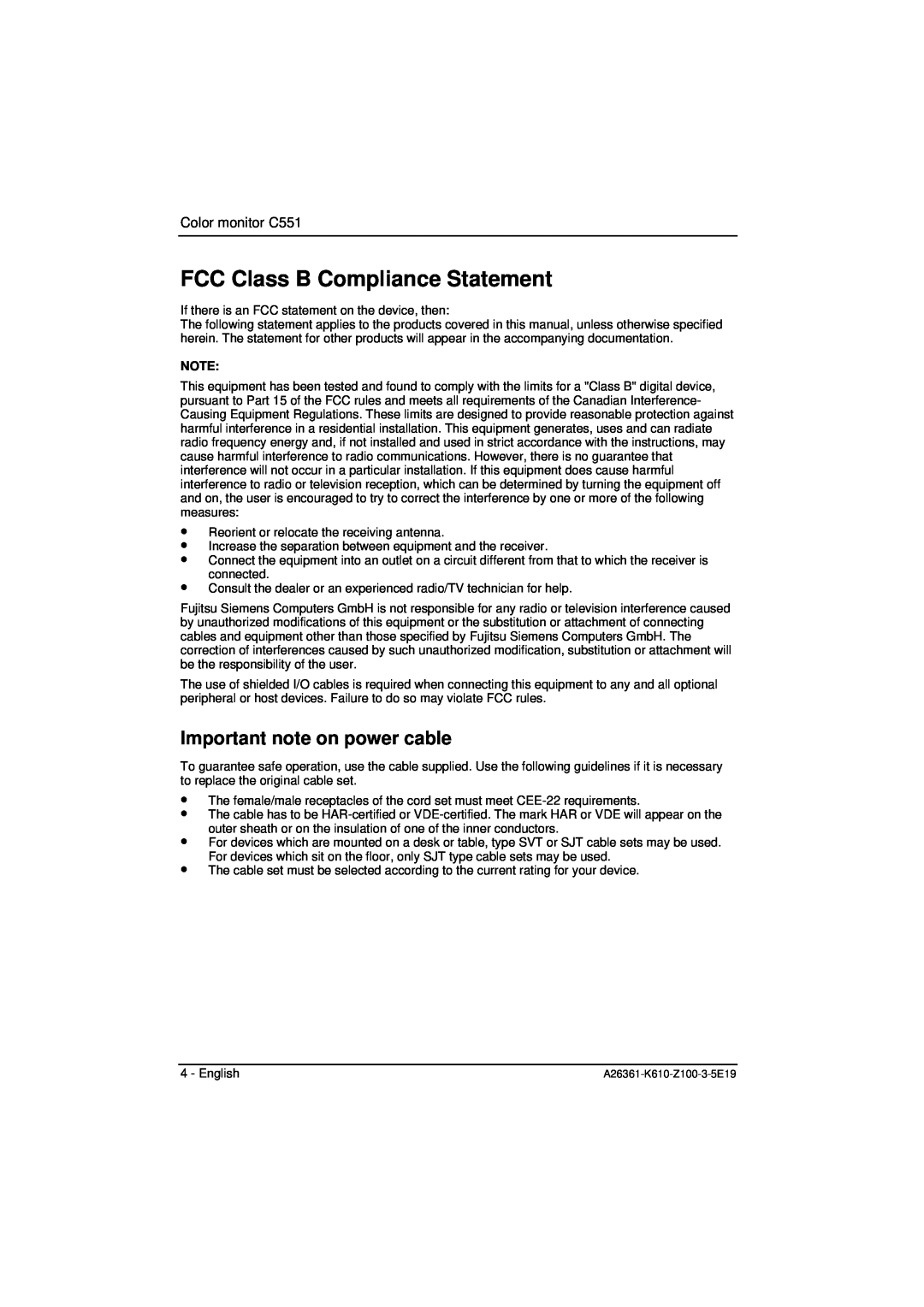 Fujitsu Siemens Computers manual FCC Class B Compliance Statement, Important note on power cable, Color monitor C551 