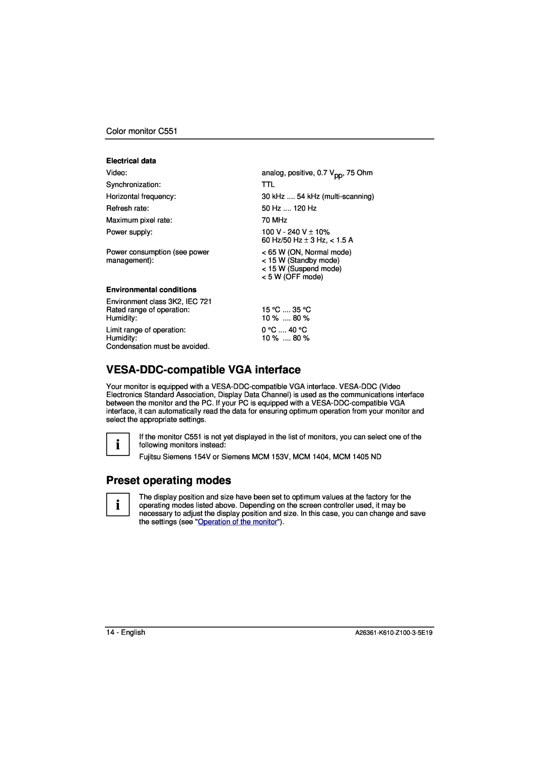 Fujitsu Siemens Computers C551 manual VESA-DDC-compatible VGA interface, Preset operating modes, Electrical data 