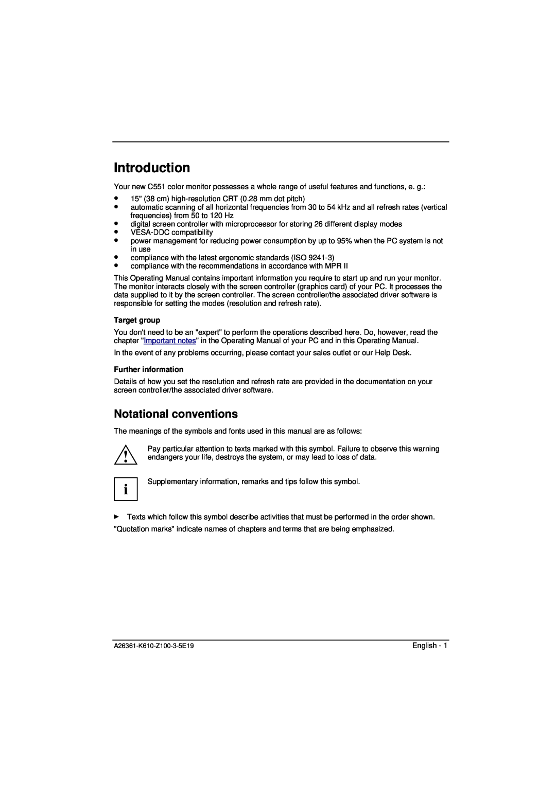 Fujitsu Siemens Computers C551 manual Introduction, Notational conventions, Target group, Further information 