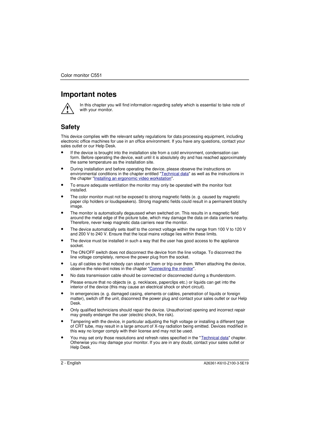 Fujitsu Siemens Computers C551 manual Important notes, Safety 