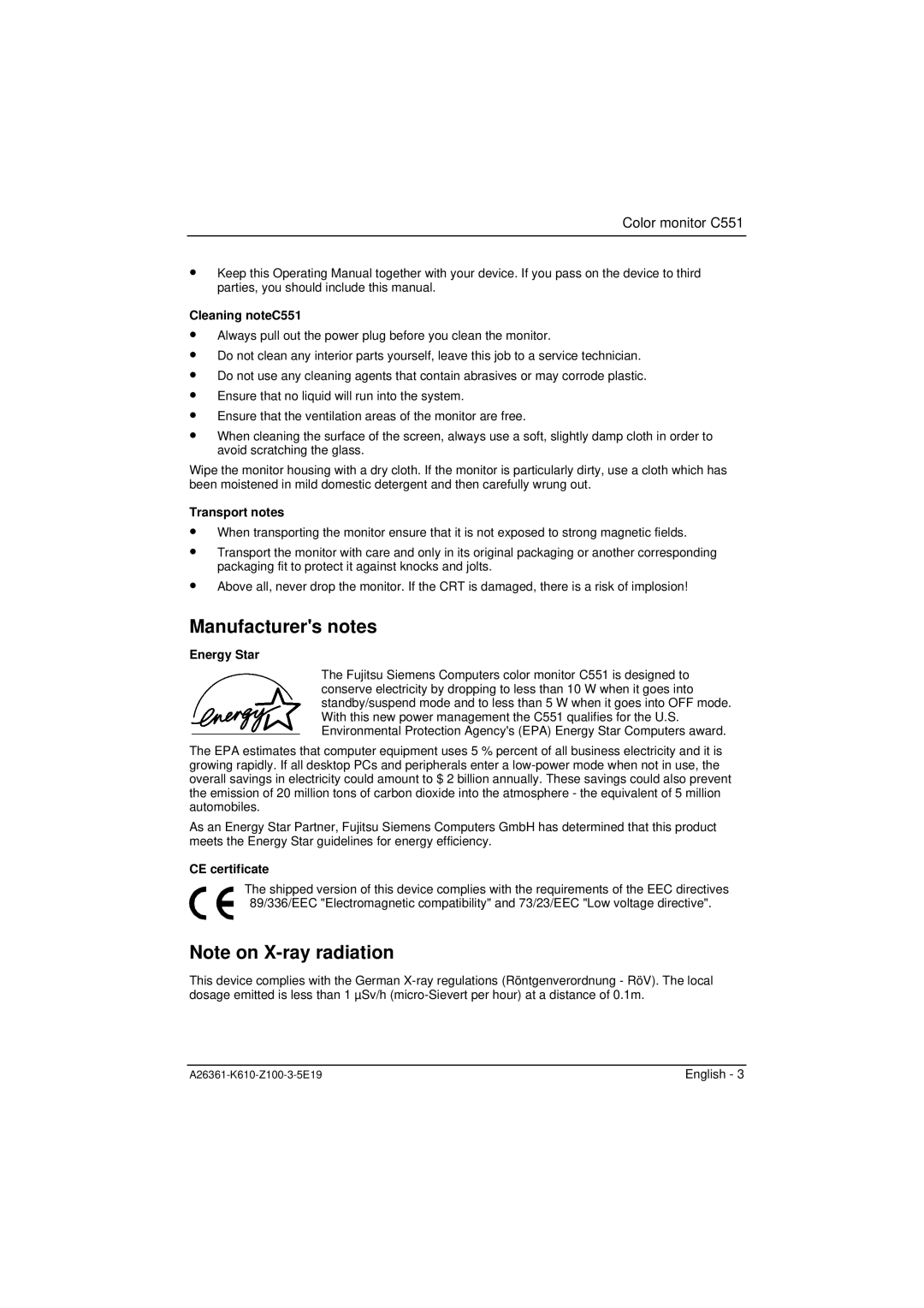 Fujitsu Siemens Computers manual Manufacturers notes, Cleaning noteC551, Transport notes, Energy Star, CE certificate 