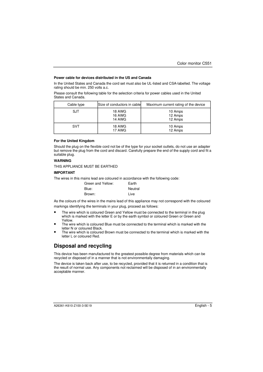 Fujitsu Siemens Computers C551 manual Disposal and recycling, Power cable for devices distributed in the US and Canada 