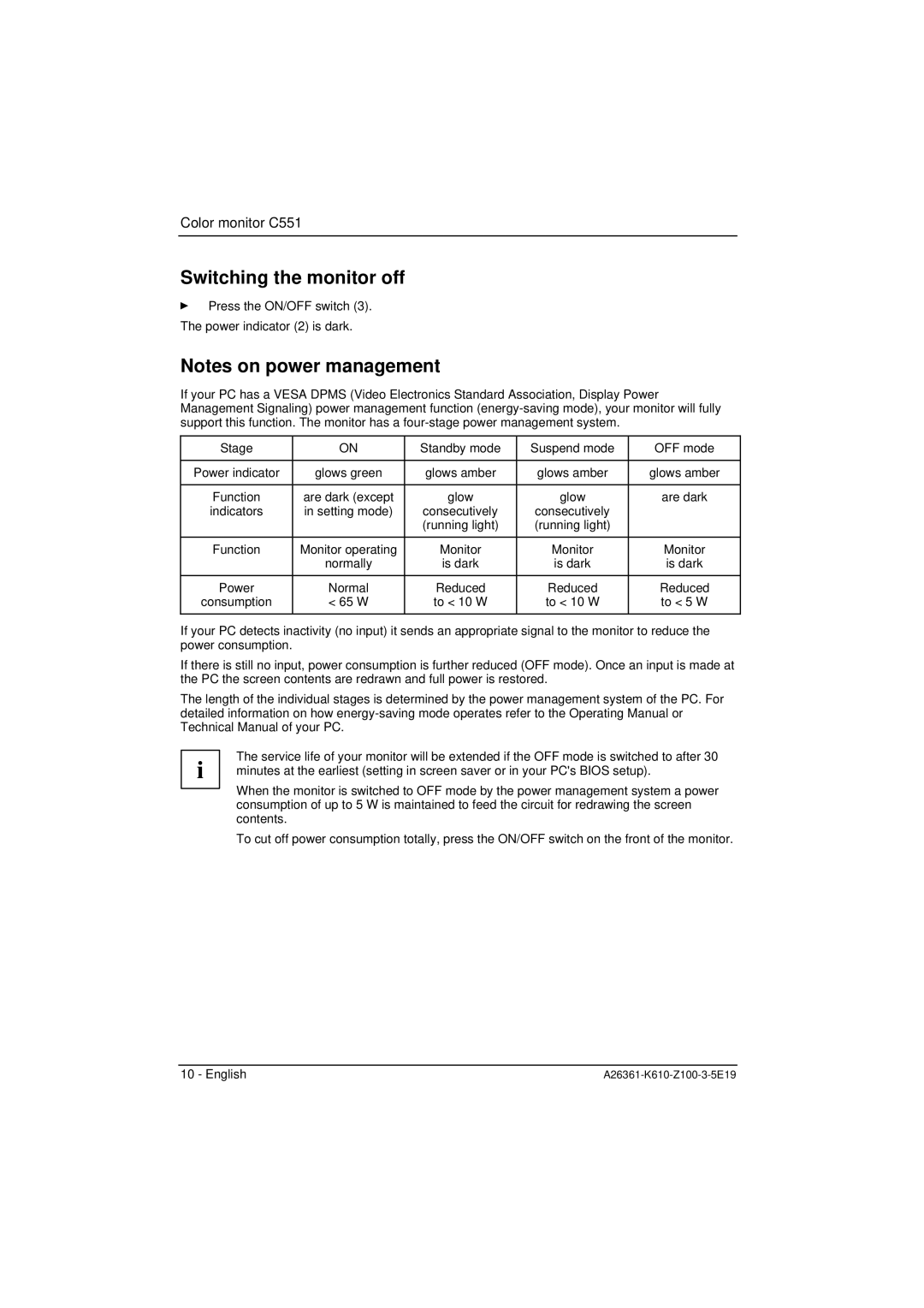 Fujitsu Siemens Computers C551 manual Switching the monitor off 