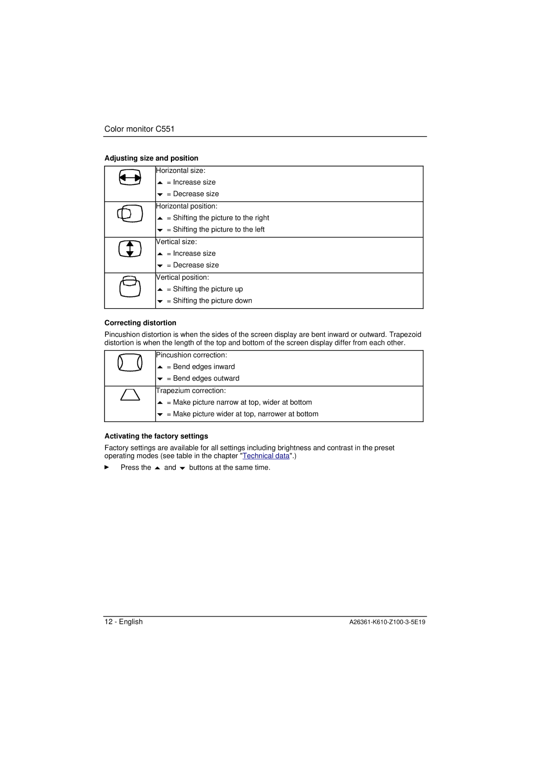 Fujitsu Siemens Computers C551 manual Adjusting size and position, Correcting distortion, Activating the factory settings 