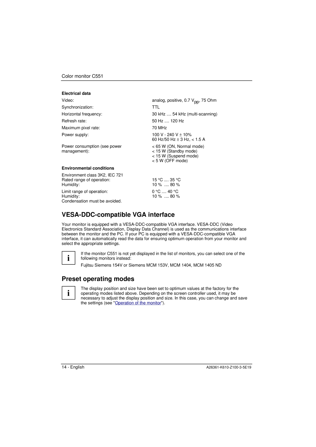 Fujitsu Siemens Computers C551 manual VESA-DDC-compatible VGA interface, Preset operating modes, Electrical data 