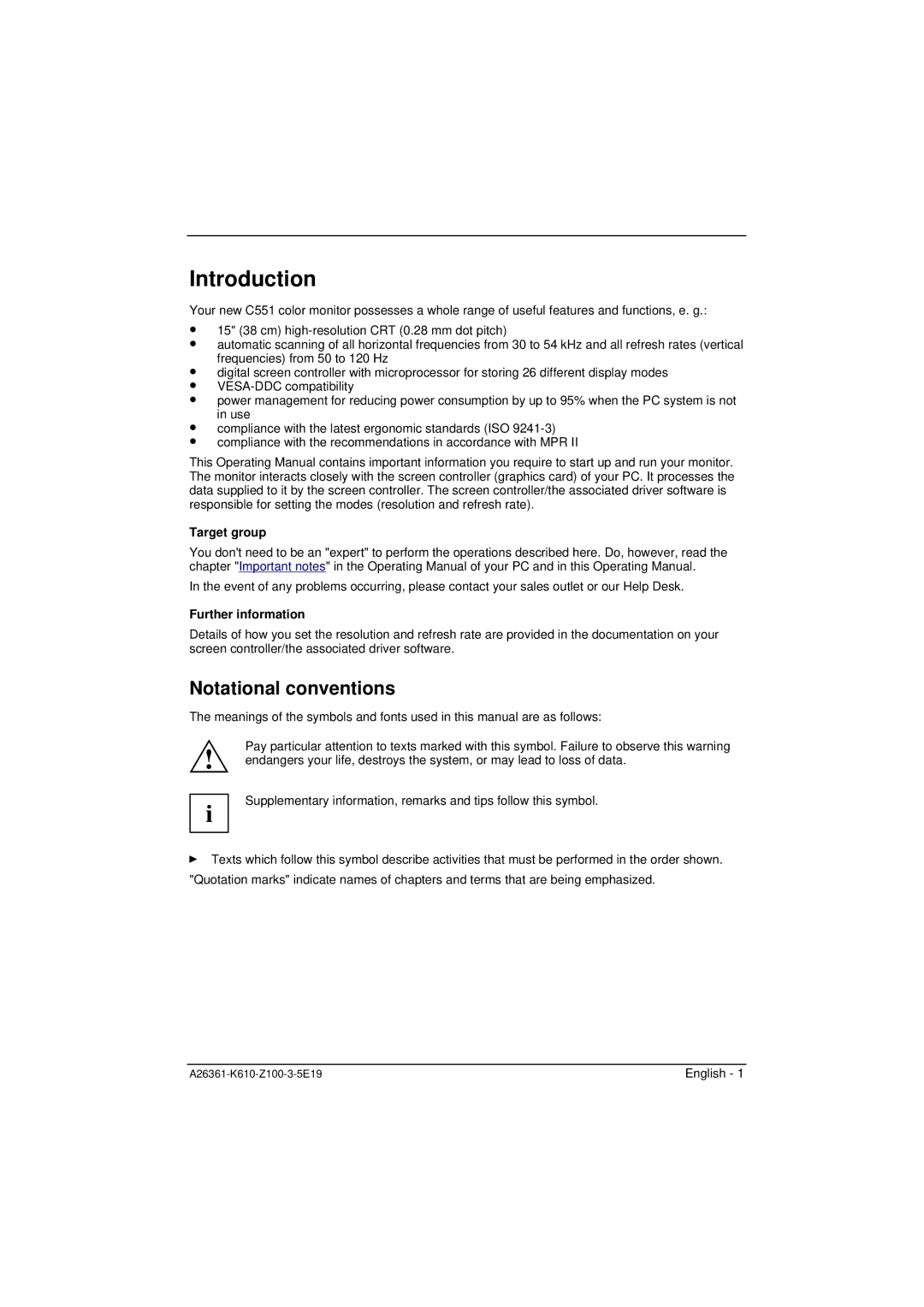 Fujitsu Siemens Computers C551 manual Introduction, Notational conventions, Target group, Further information 