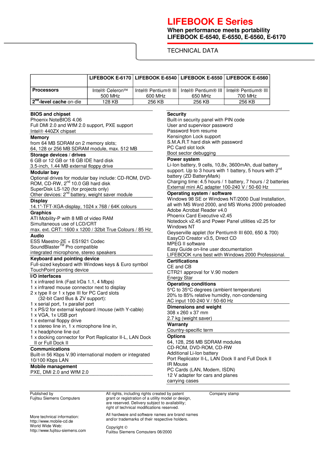 Fujitsu Siemens Computers E-6170 Processors, Nd-level cache on-die, Bios and chipset Phoenix NoteBIOS, Memory, Modular bay 