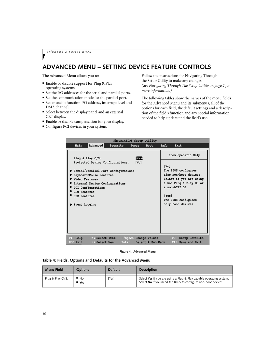 Fujitsu Siemens Computers E-6575, E-6595, E-6555 manual Advanced Menu Setting Device Feature Controls 