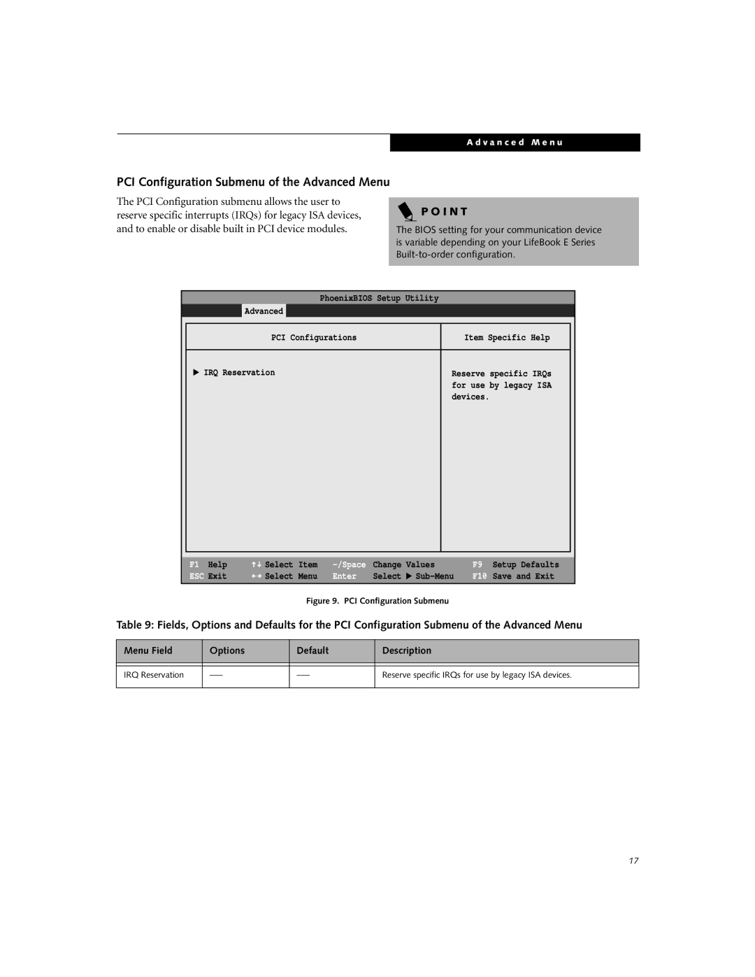 Fujitsu Siemens Computers E-6555 PCI Configuration Submenu of the Advanced Menu, Main Advanced Security Power Savings Exit 