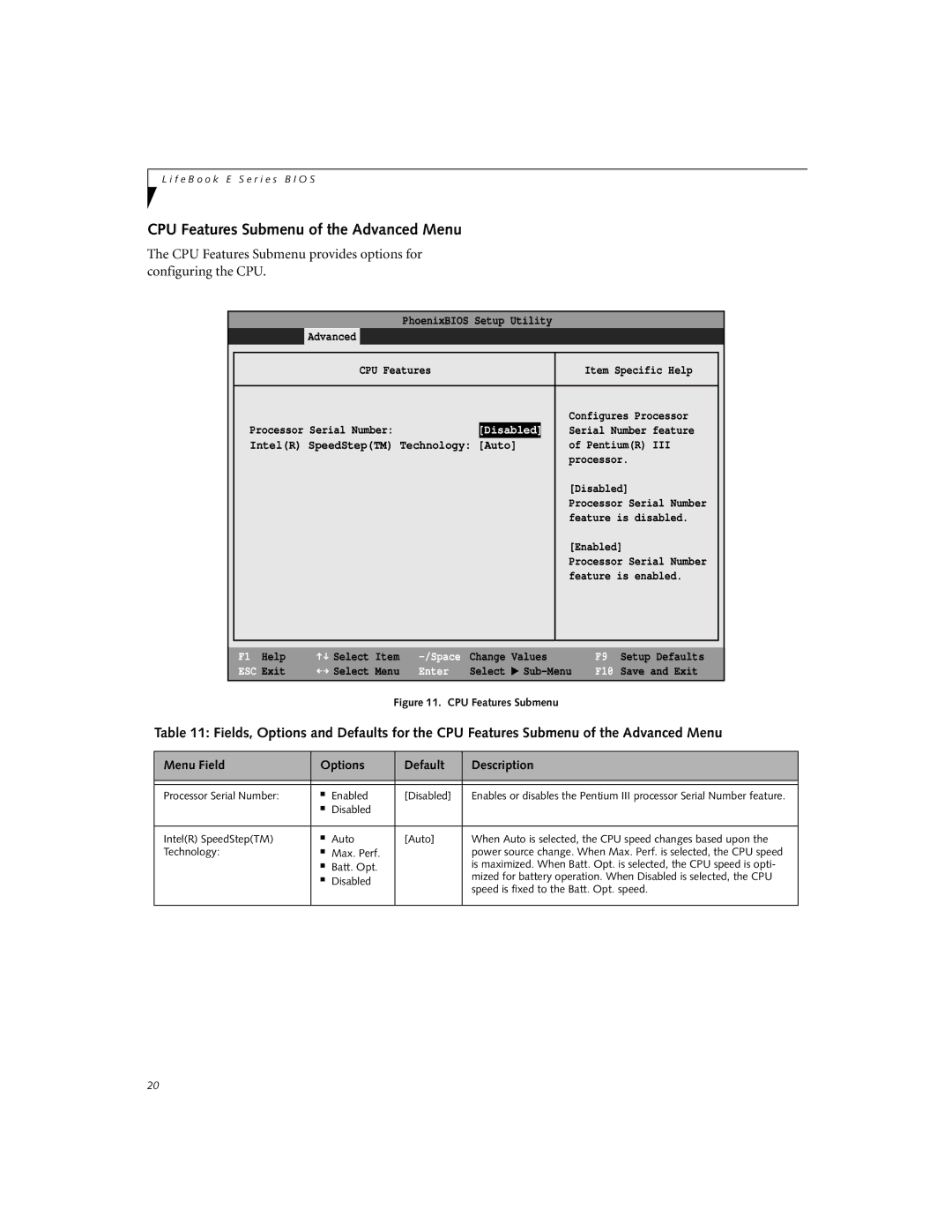 Fujitsu Siemens Computers E-6555, E-6595, E-6575 manual CPU Features Submenu of the Advanced Menu 