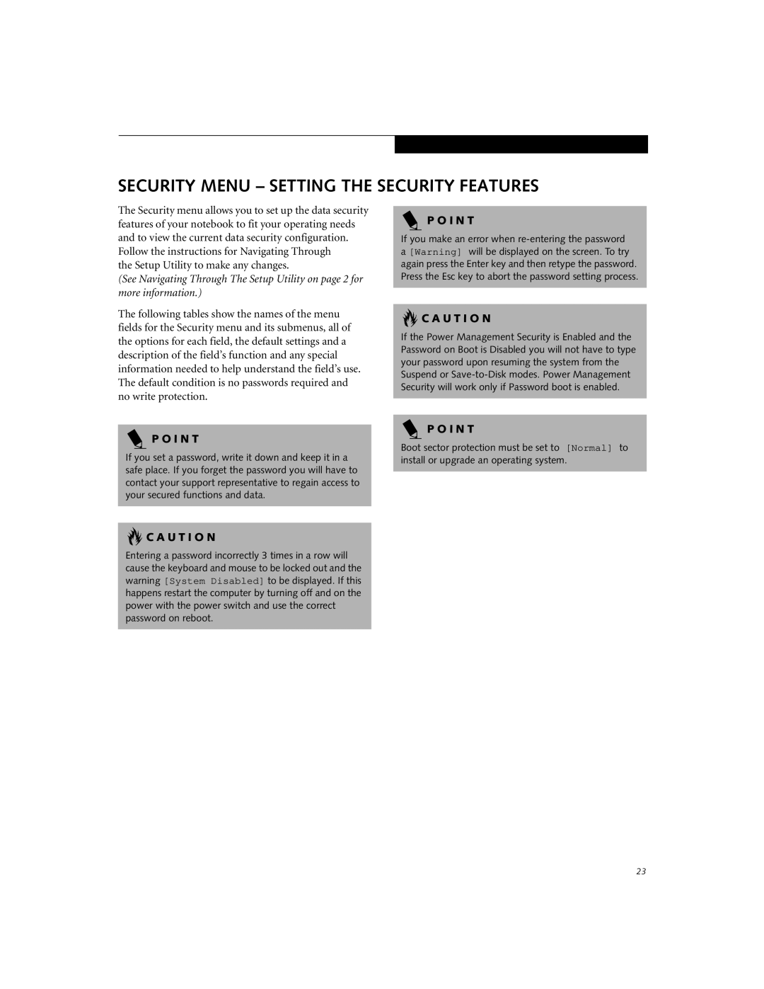 Fujitsu Siemens Computers E-6555, E-6595, E-6575 manual Security Menu Setting the Security Features, U T I O N 