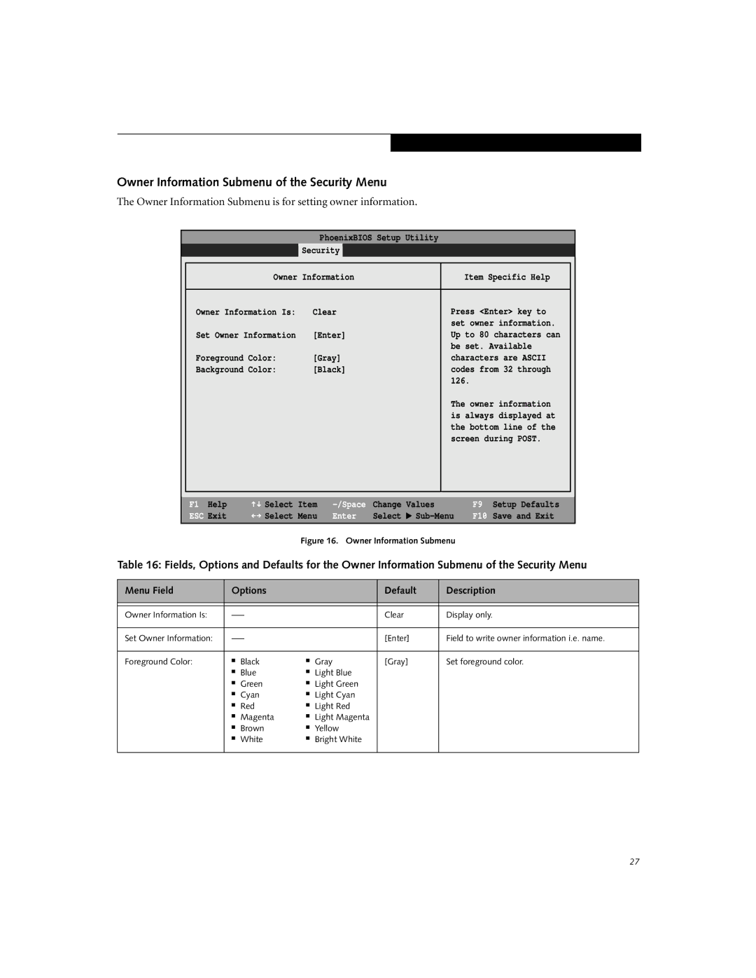 Fujitsu Siemens Computers E-6595, E-6575, E-6555 manual Owner Information Submenu of the Security Menu 