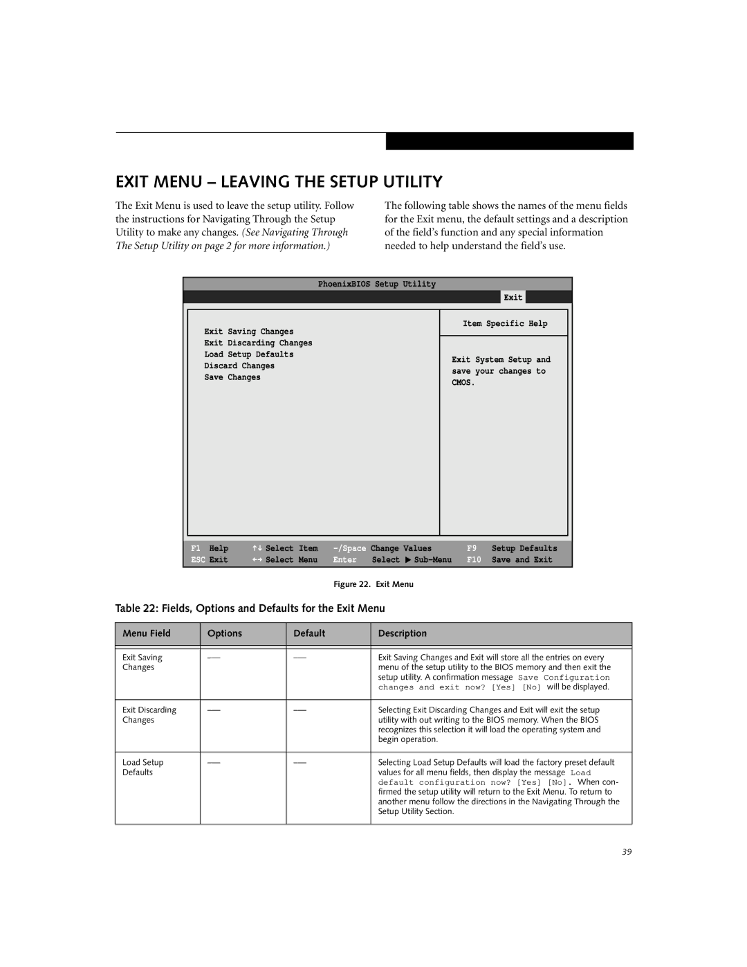 Fujitsu Siemens Computers E-6595 manual Exit Menu Leaving the Setup Utility, Fields, Options and Defaults for the Exit Menu 