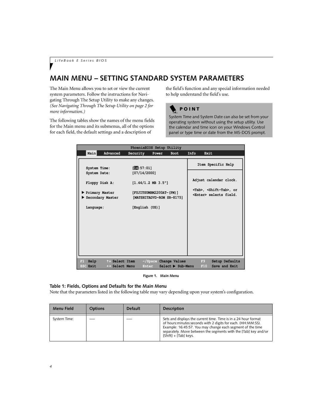 Fujitsu Siemens Computers E-6575, E-6595, E-6555 manual Main Menu Setting Standard System Parameters 