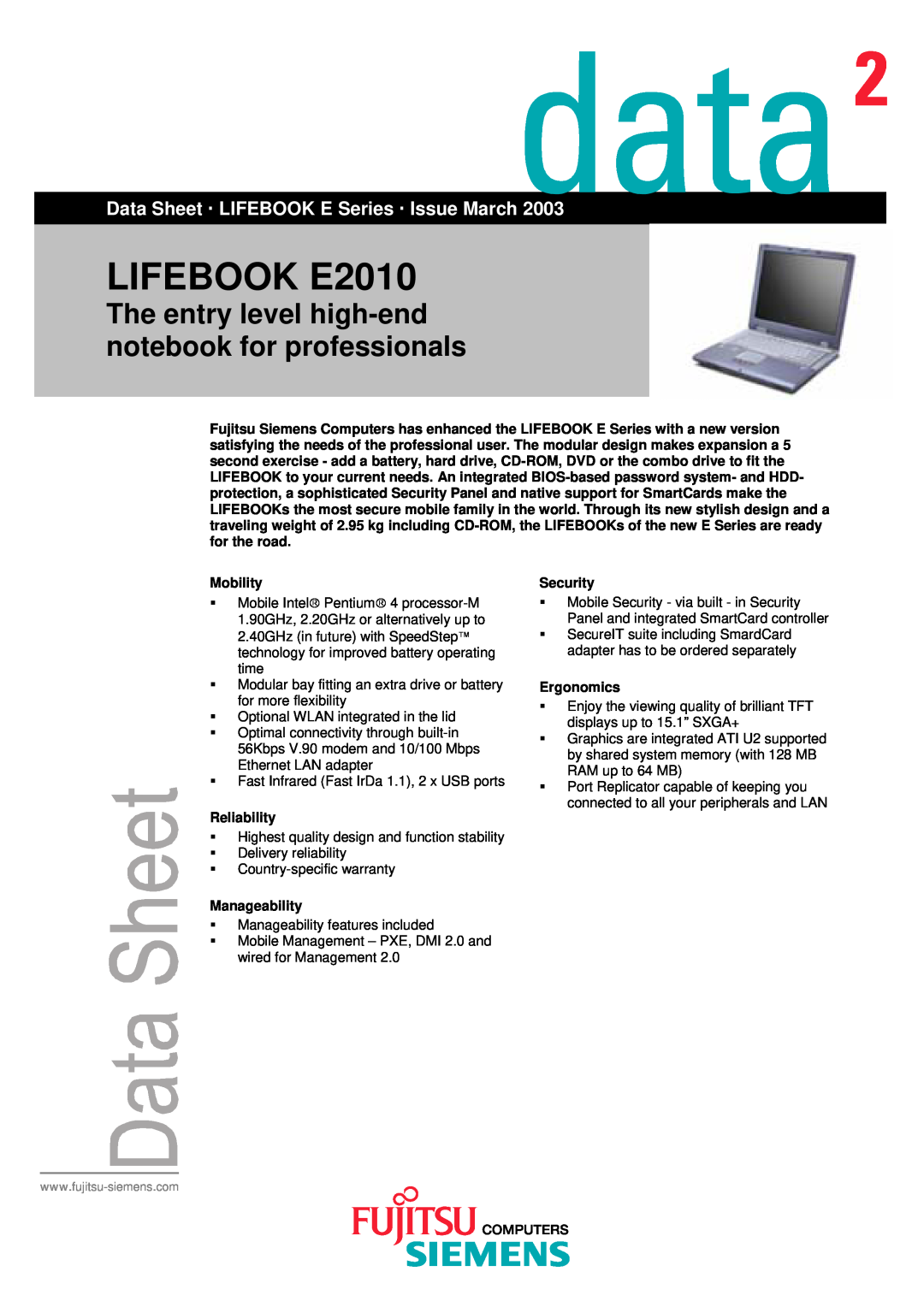 Fujitsu Siemens Computers warranty LIFEBOOK E2010, The entry level high-end notebook for professionals 