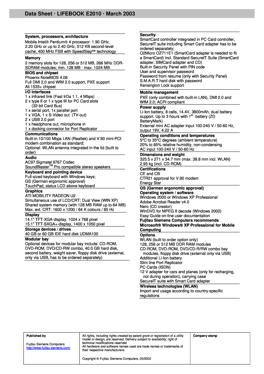 Fujitsu Siemens Computers warranty Data Sheet # LIFEBOOK E2010 # March 