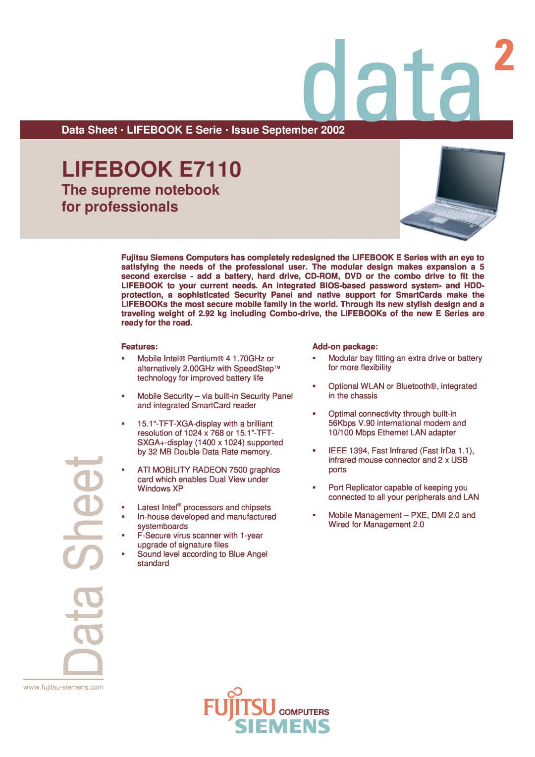 Fujitsu Siemens Computers manual LIFEBOOK E7110, The supreme notebook for professionals 