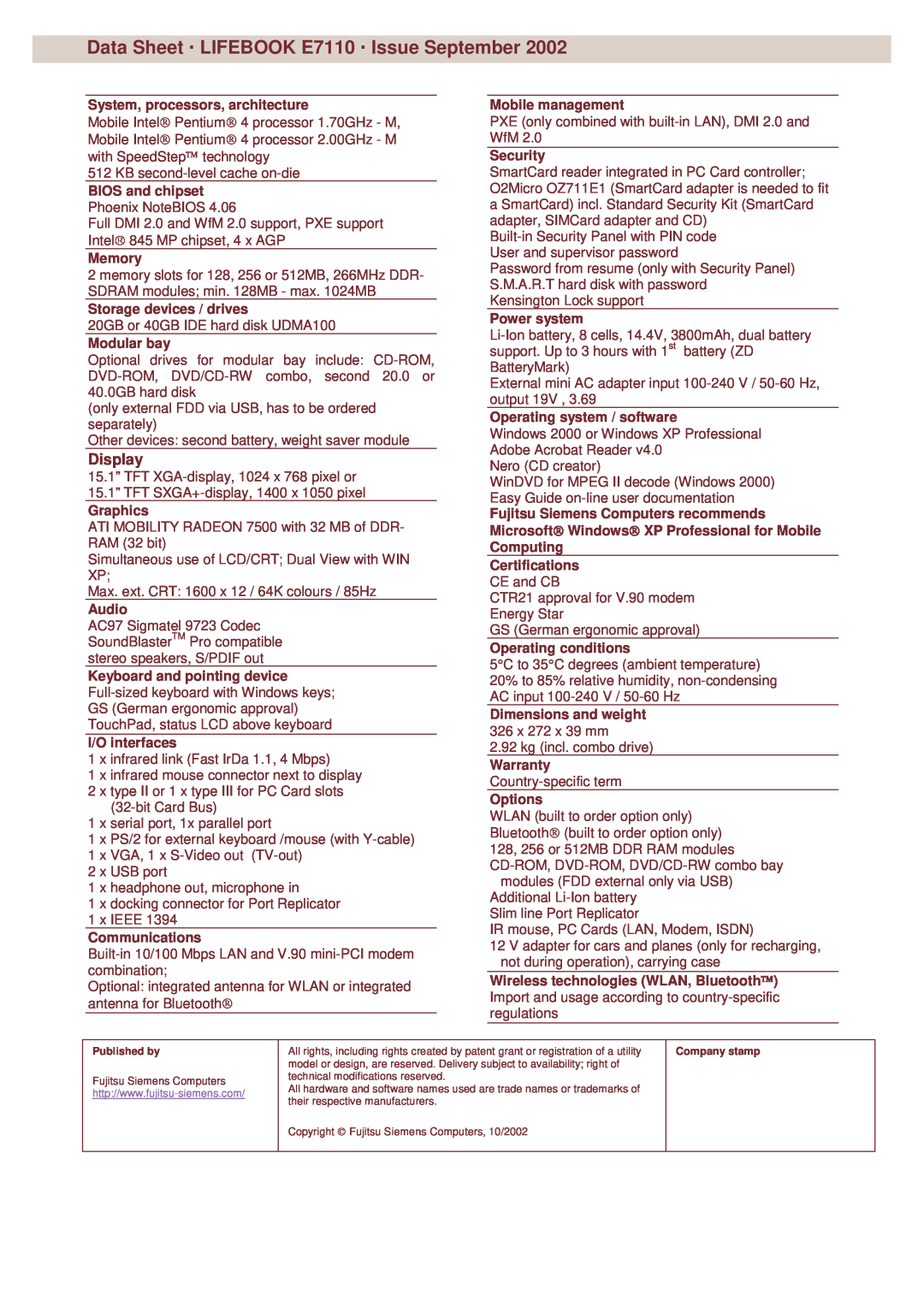 Fujitsu Siemens Computers manual Data Sheet # LIFEBOOK E7110 # Issue September, Display 