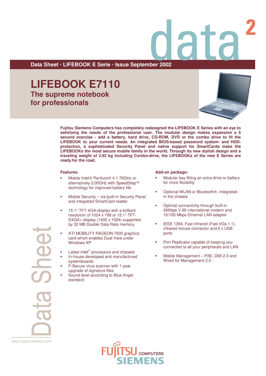 Fujitsu Siemens Computers manual Lifebook E7110, Add-on package 