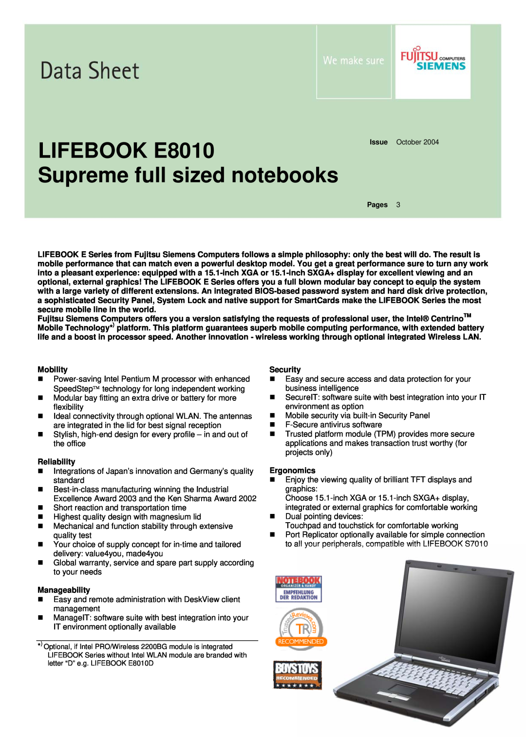 Fujitsu Siemens Computers warranty LIFEBOOK E8010 Supreme full sized notebooks 