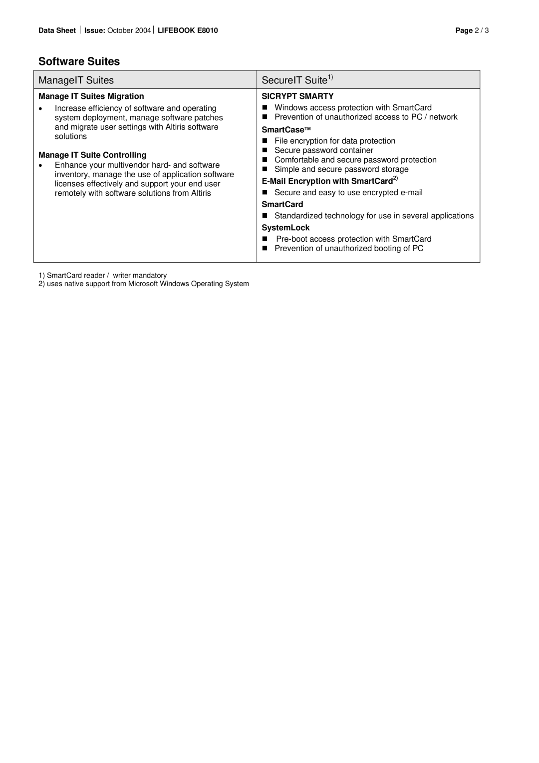 Fujitsu Siemens Computers E8010 Manage IT Suites Migration, SmartCase, Manage IT Suite Controlling, SmartCard, SystemLock 