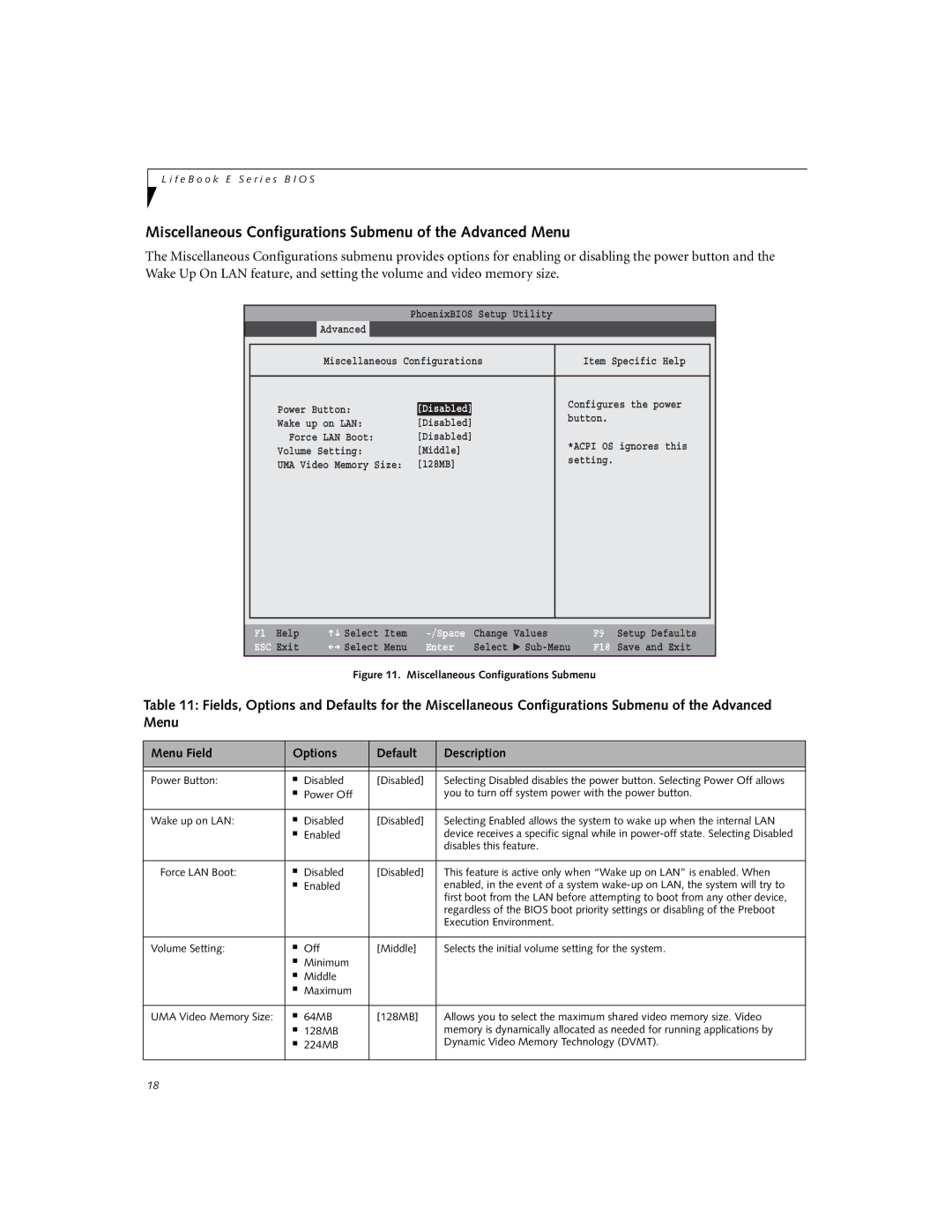 Fujitsu Siemens Computers E8110 manual Miscellaneous Configurations Submenu of the Advanced Menu, Disables this feature 