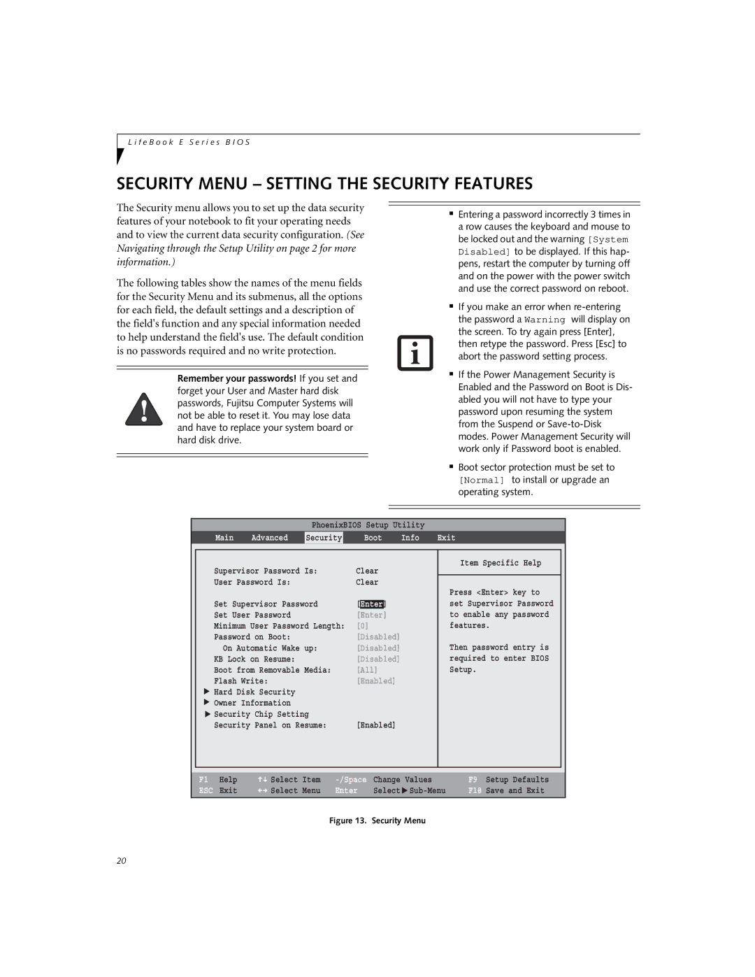 Fujitsu Siemens Computers E8110 manual Security Menu Setting the Security Features, Boot Info Exit 