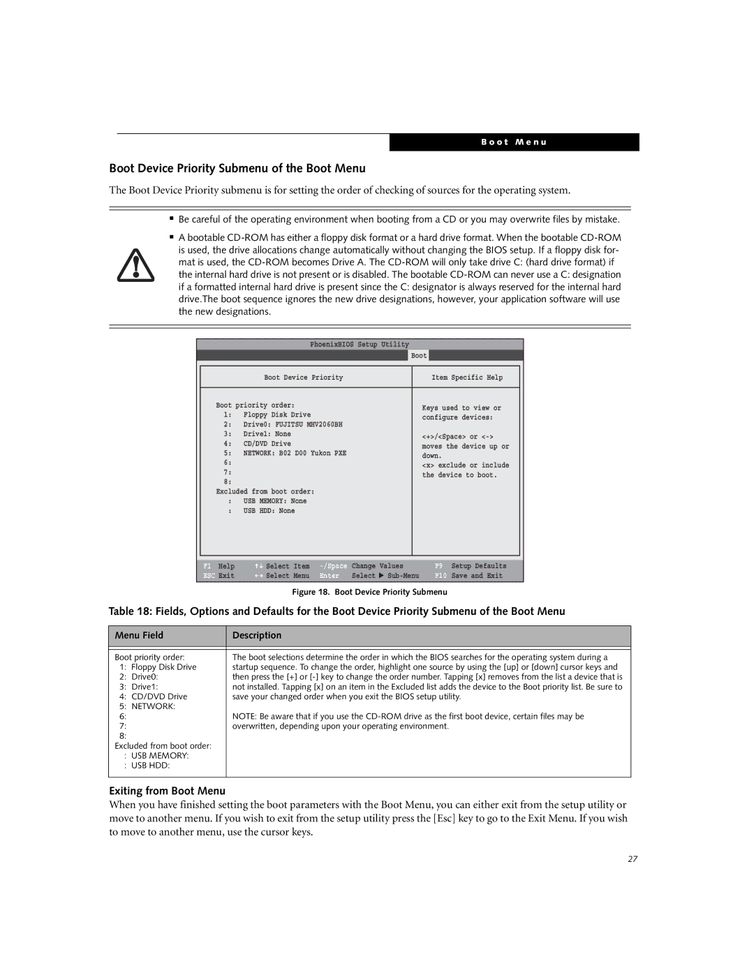 Fujitsu Siemens Computers E8110 manual Boot Device Priority Submenu of the Boot Menu, Exiting from Boot Menu, Drive0 