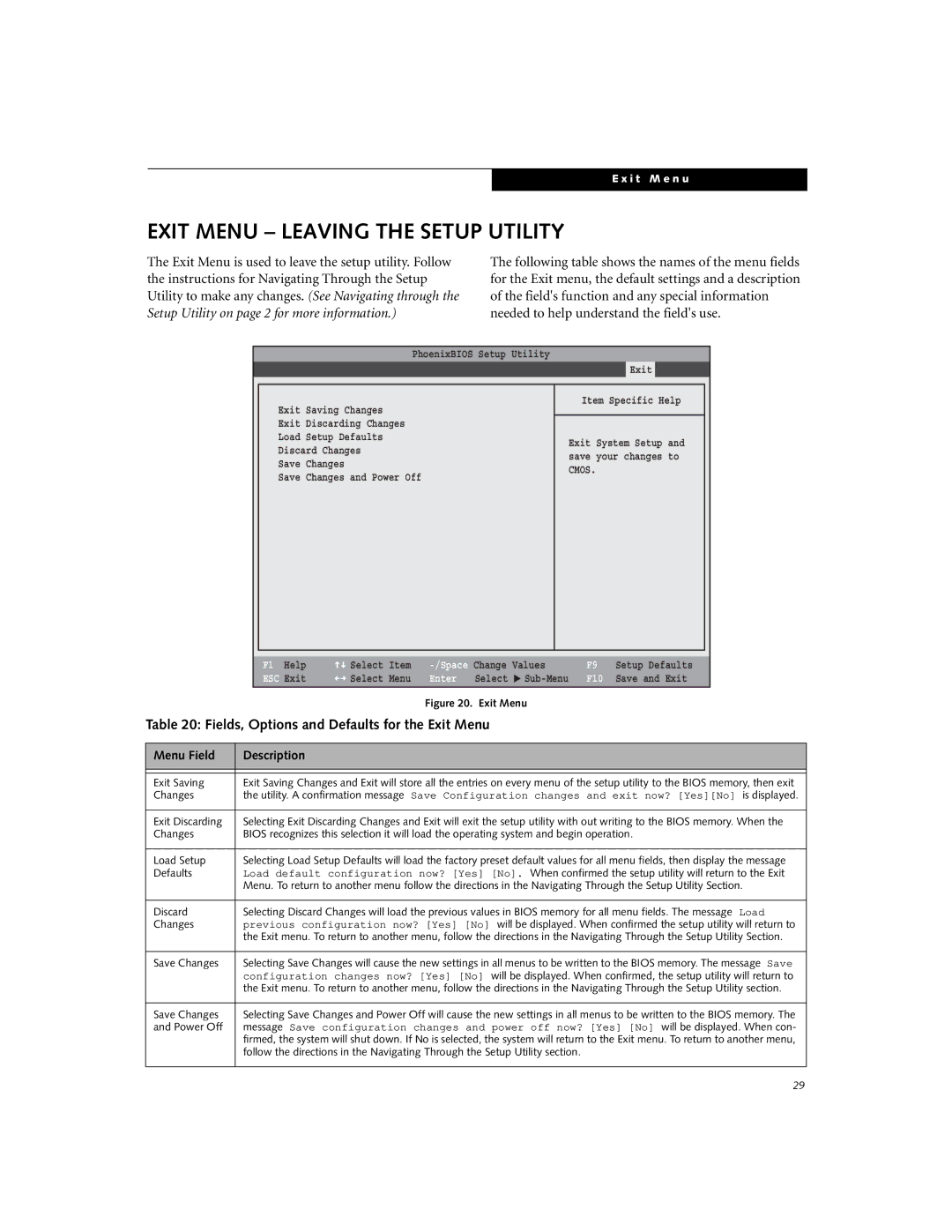 Fujitsu Siemens Computers E8110 manual Exit Menu Leaving the Setup Utility, Fields, Options and Defaults for the Exit Menu 