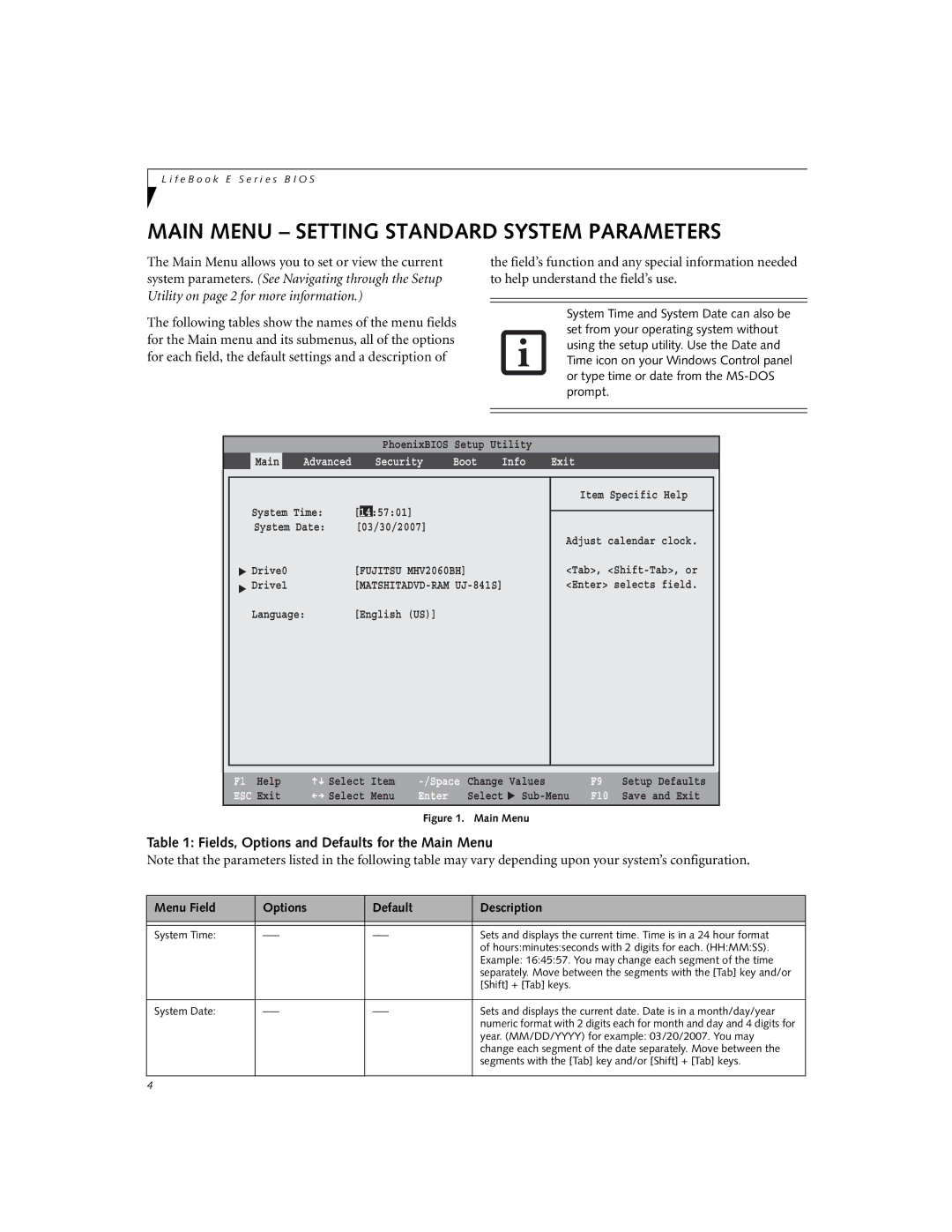 Fujitsu Siemens Computers E8110 manual Main Menu Setting Standard System Parameters 