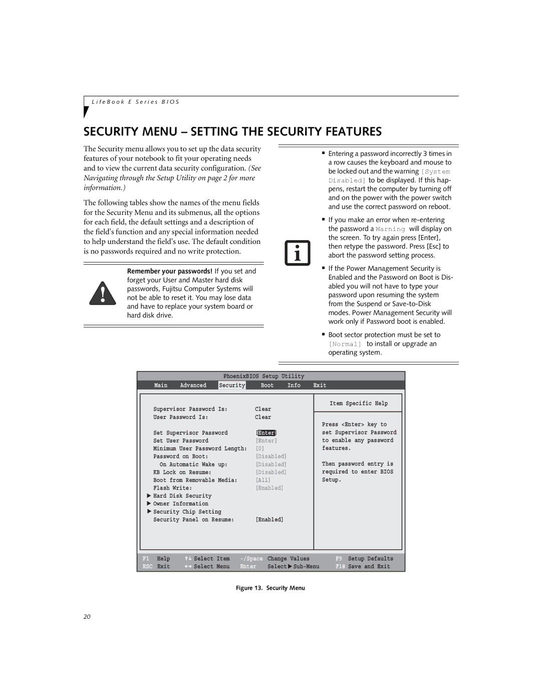 Fujitsu Siemens Computers E8210 manual Security Menu Setting the Security Features, Boot Info Exit 